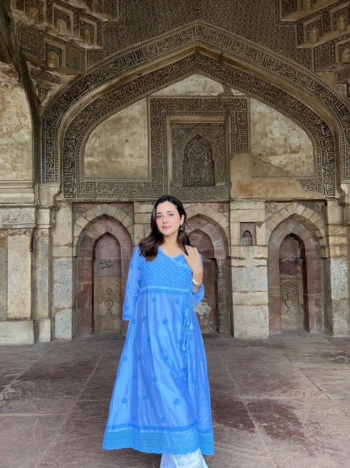 Vani in HOK Chikankari Angrakha Long Kurta in Chanderi Silk for Women - Blue - House Of Kari (Chikankari Clothing)