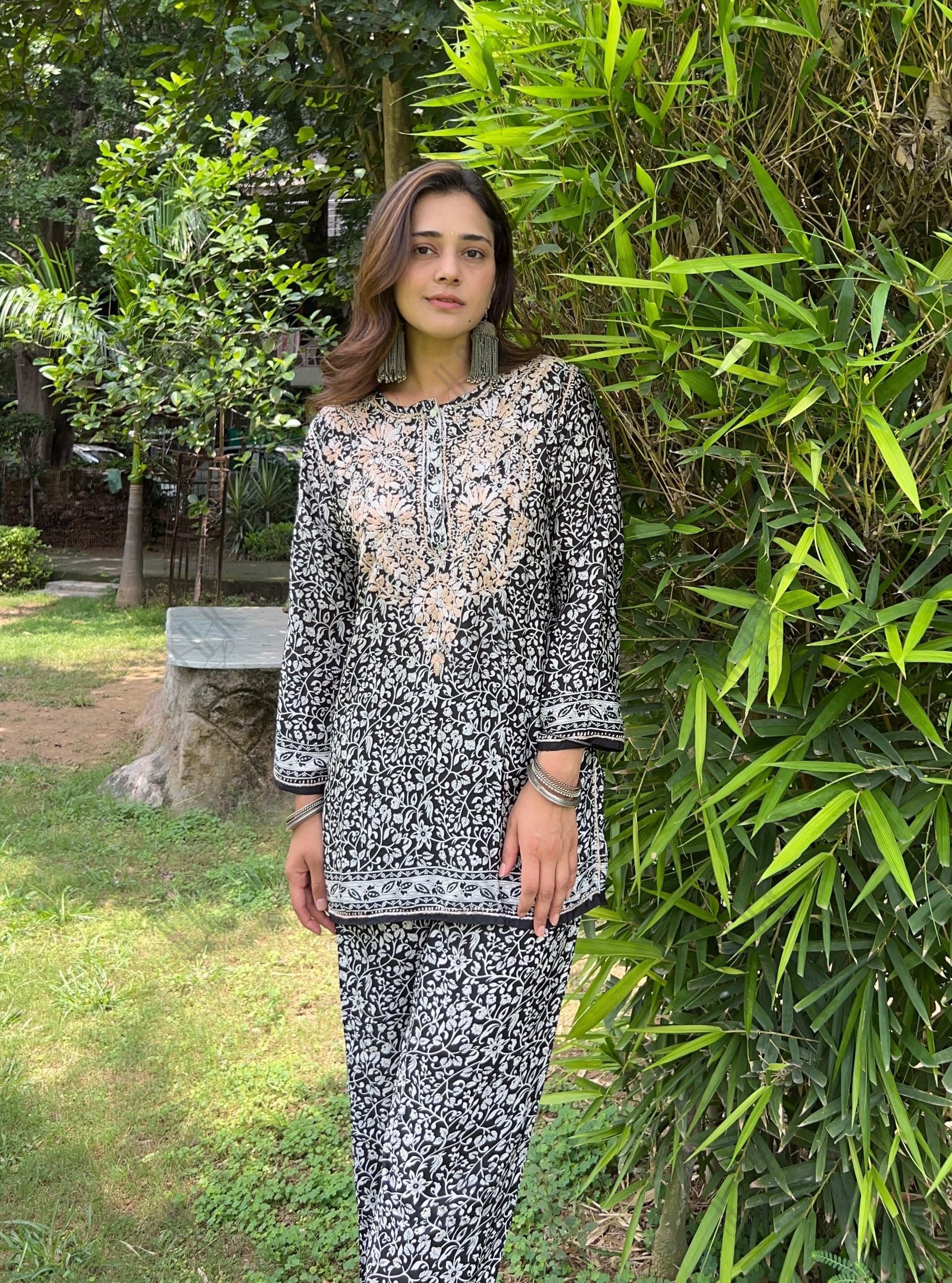 Vani in Chikankari Co-ord set in Polysilk for Women- Black With Golden - House Of Kari (Chikankari Clothing)