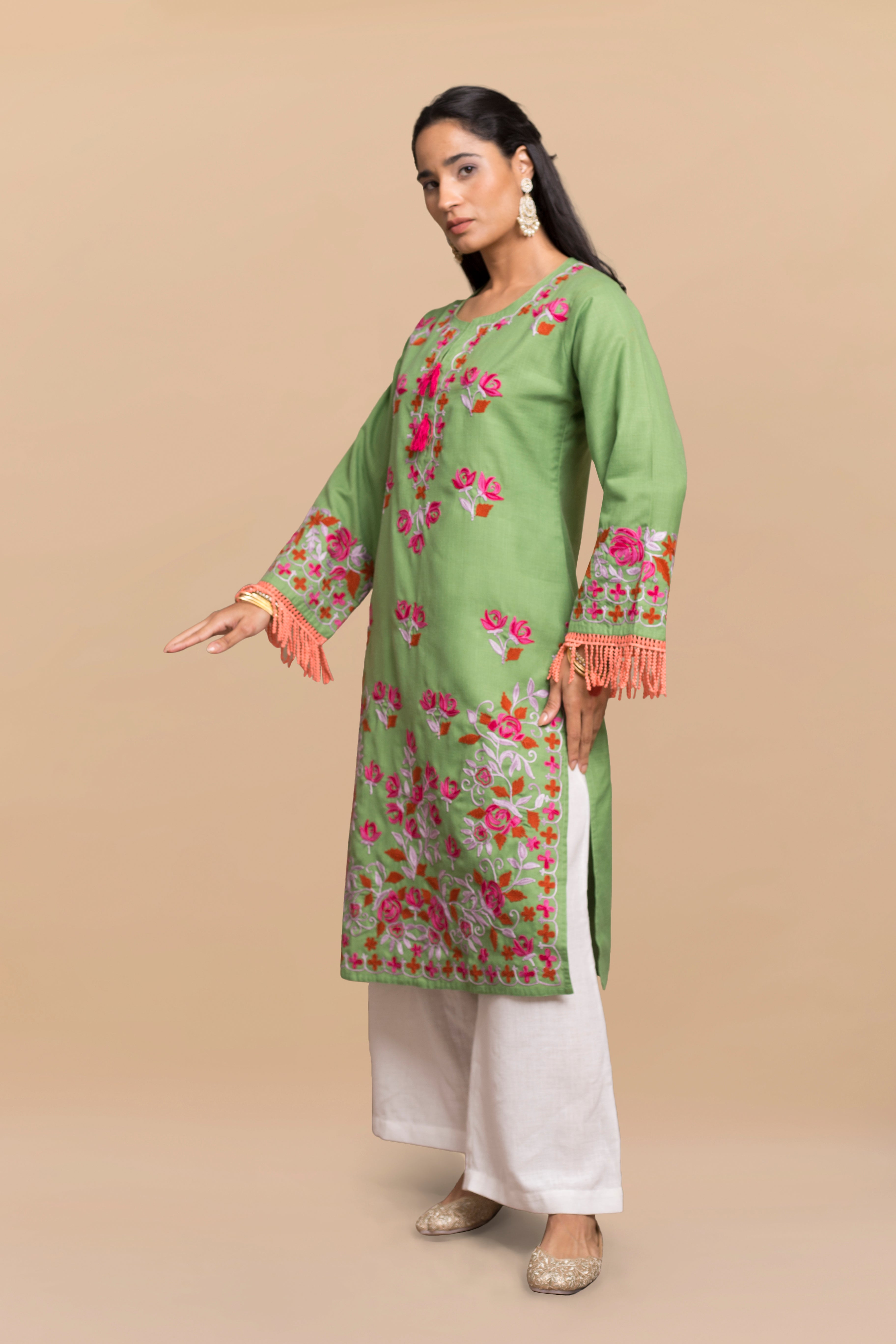 Falak Kashmiri Long Kurta - Green