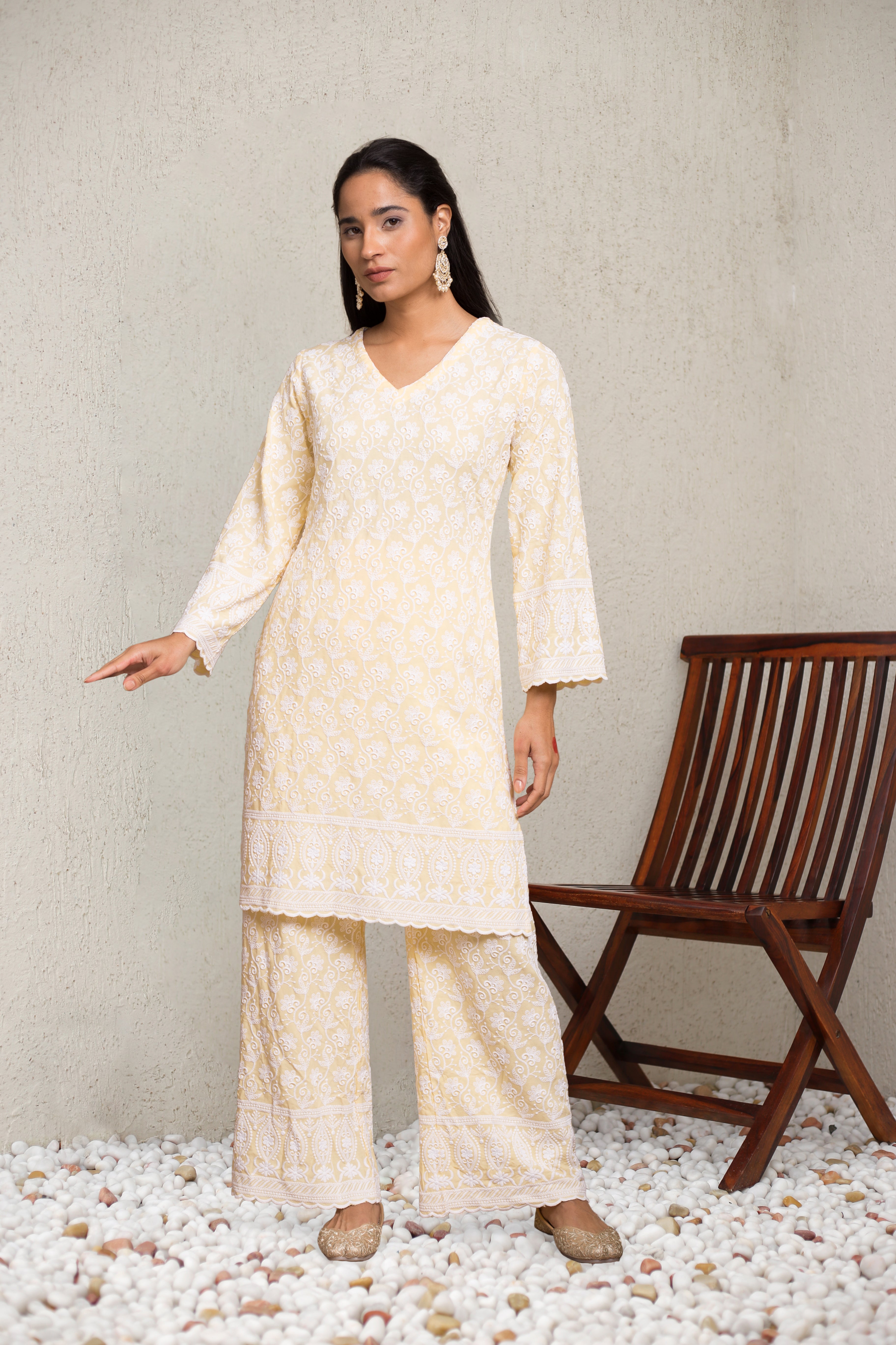 Saba Chikankari Kurta Set in Rayon - Yellow