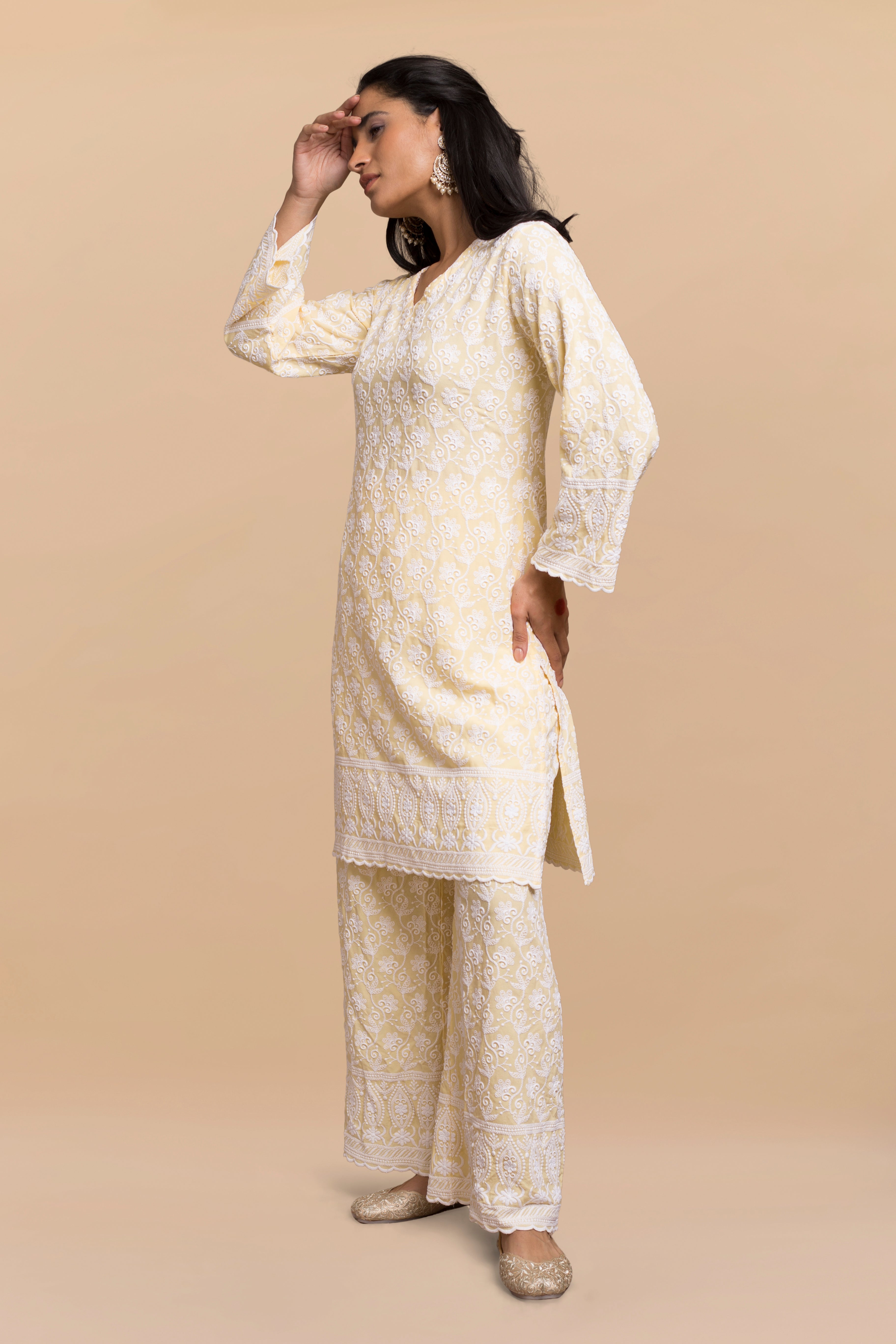 Saba Chikankari Kurta Set in Rayon - Yellow