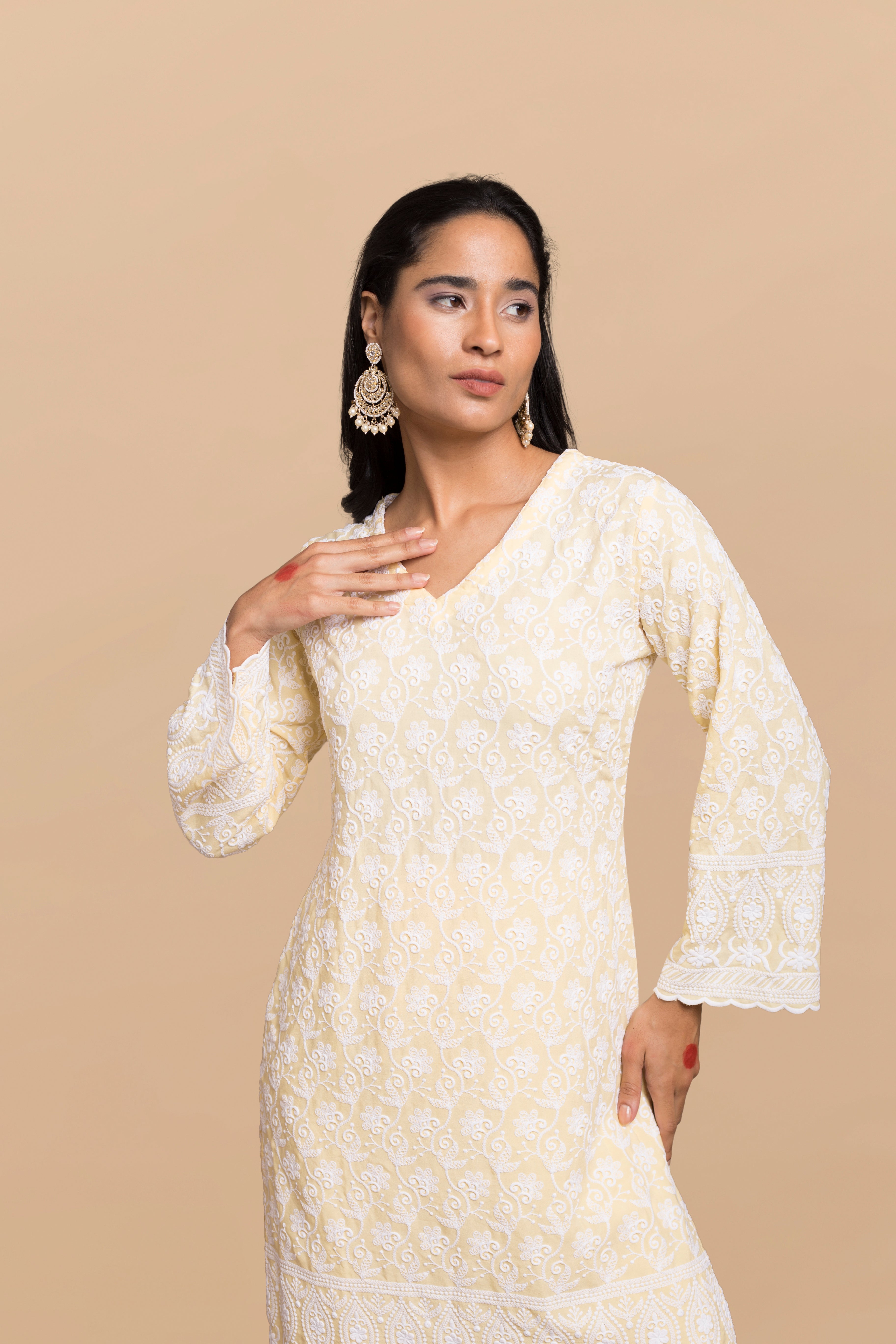 Saba Chikankari Kurta Set in Rayon - Yellow