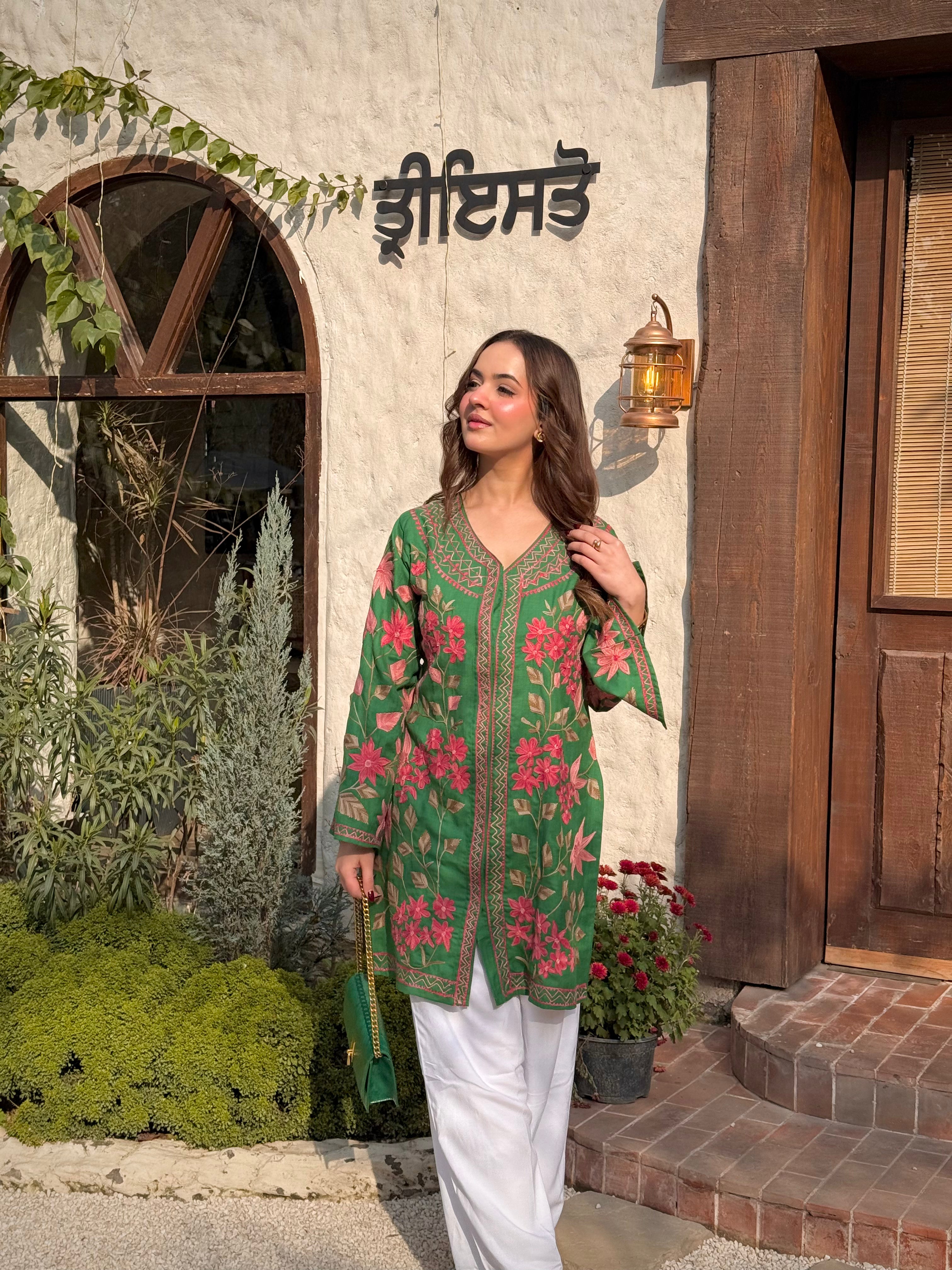 Bhavya jain in Cotton Kashmiri Aari Embroidered Jacket – Green