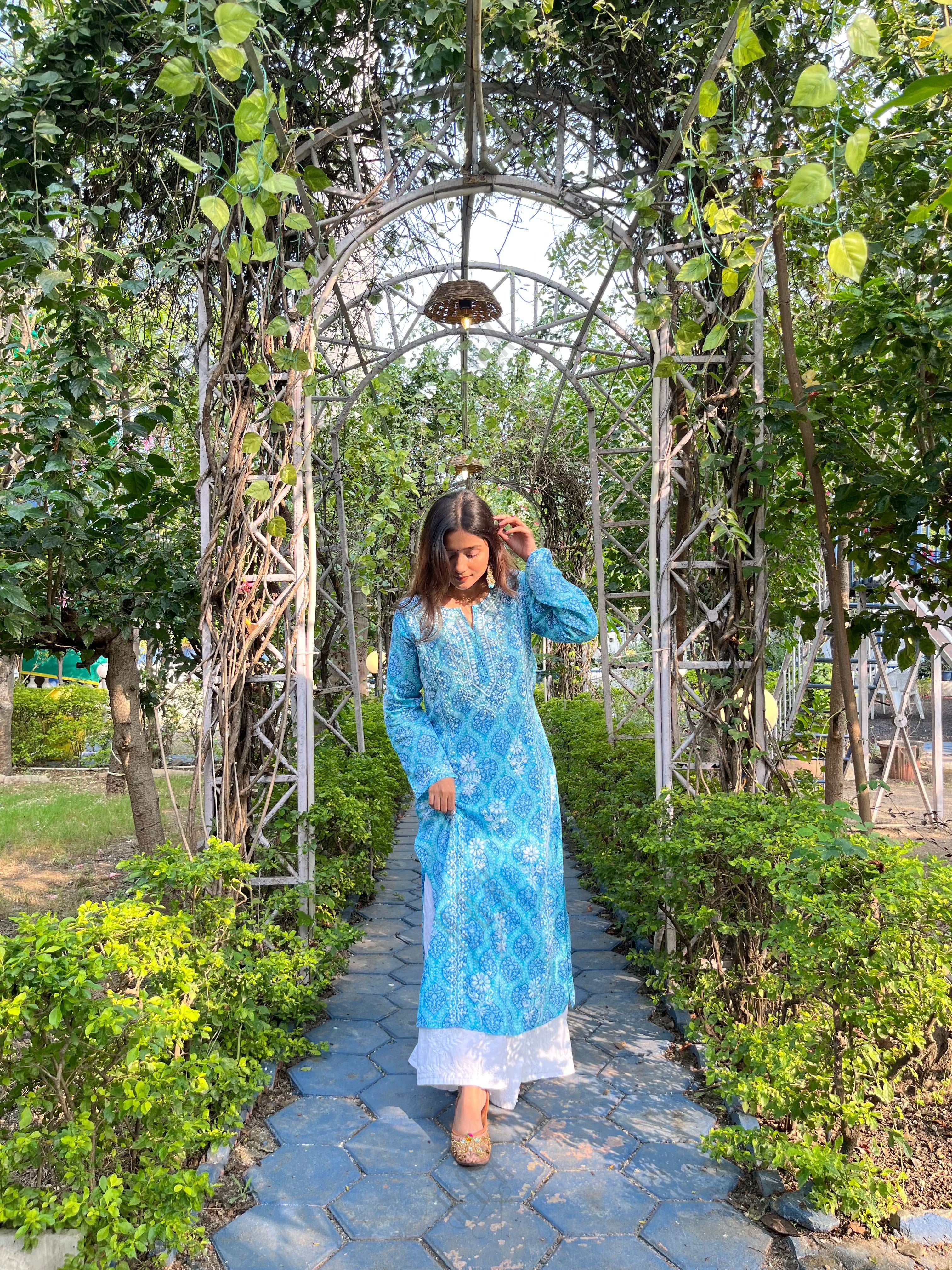 Shreya in Fizaa Chikankari Kurta in Mul cotton in Blue Print