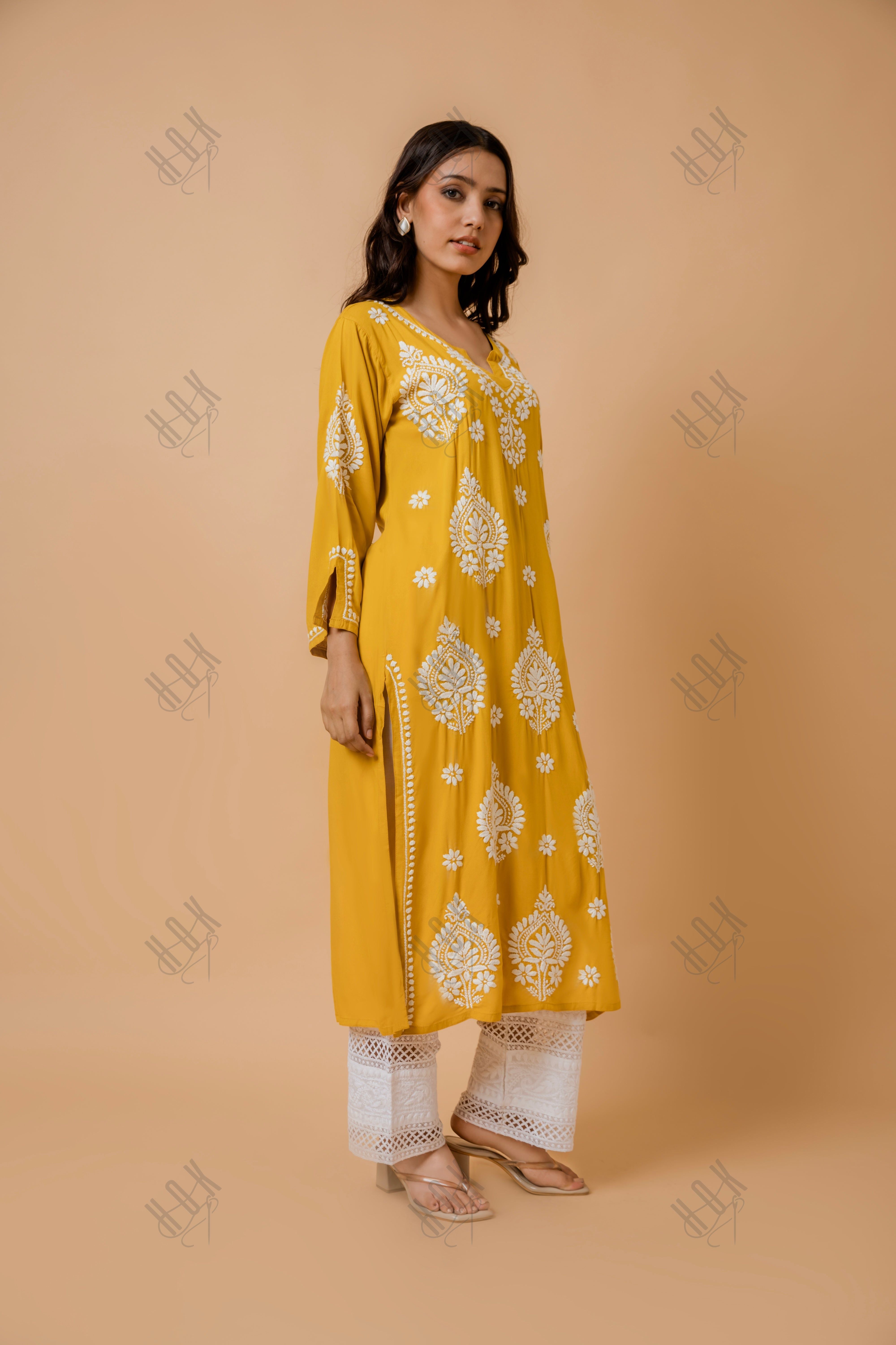 Fizaa Rayon Cotton Chikankari Kurta - Mustard