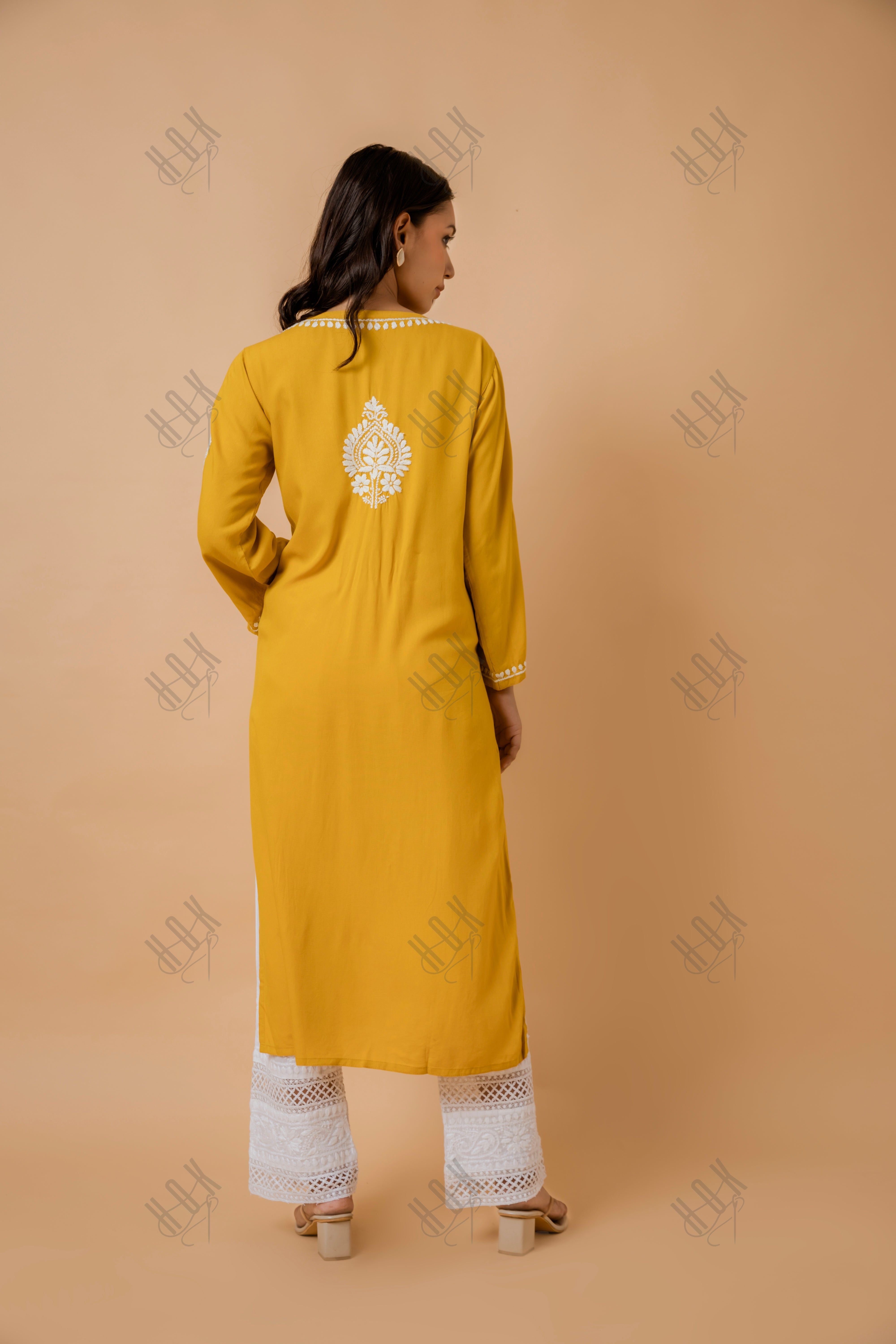 Fizaa Rayon Cotton Chikankari Kurta - Mustard