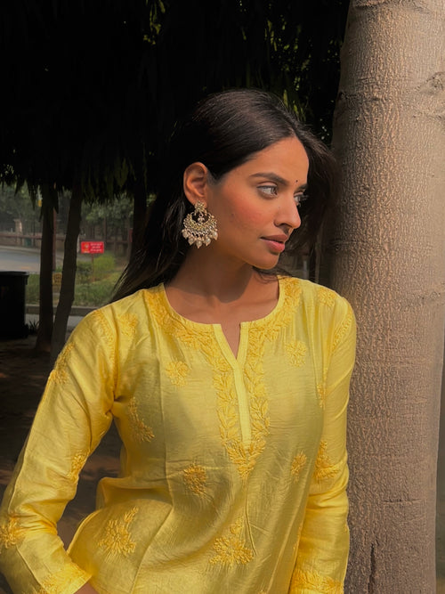 Jhanvi in Fizaa Chikankari Long Kurta in Chanderi Silk for Women - Yellow