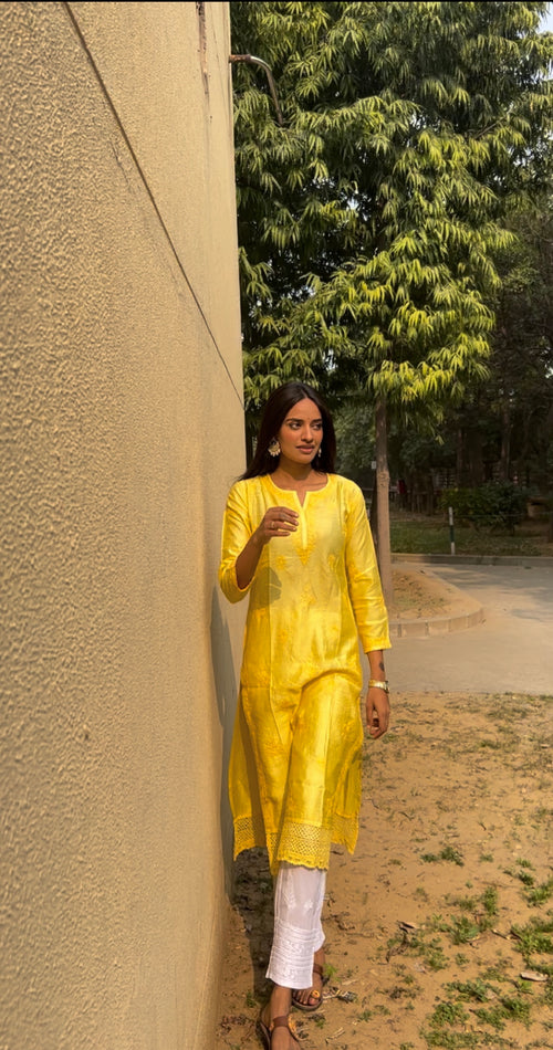 Jhanvi in Fizaa Chikankari Long Kurta in Chanderi Silk for Women - Yellow