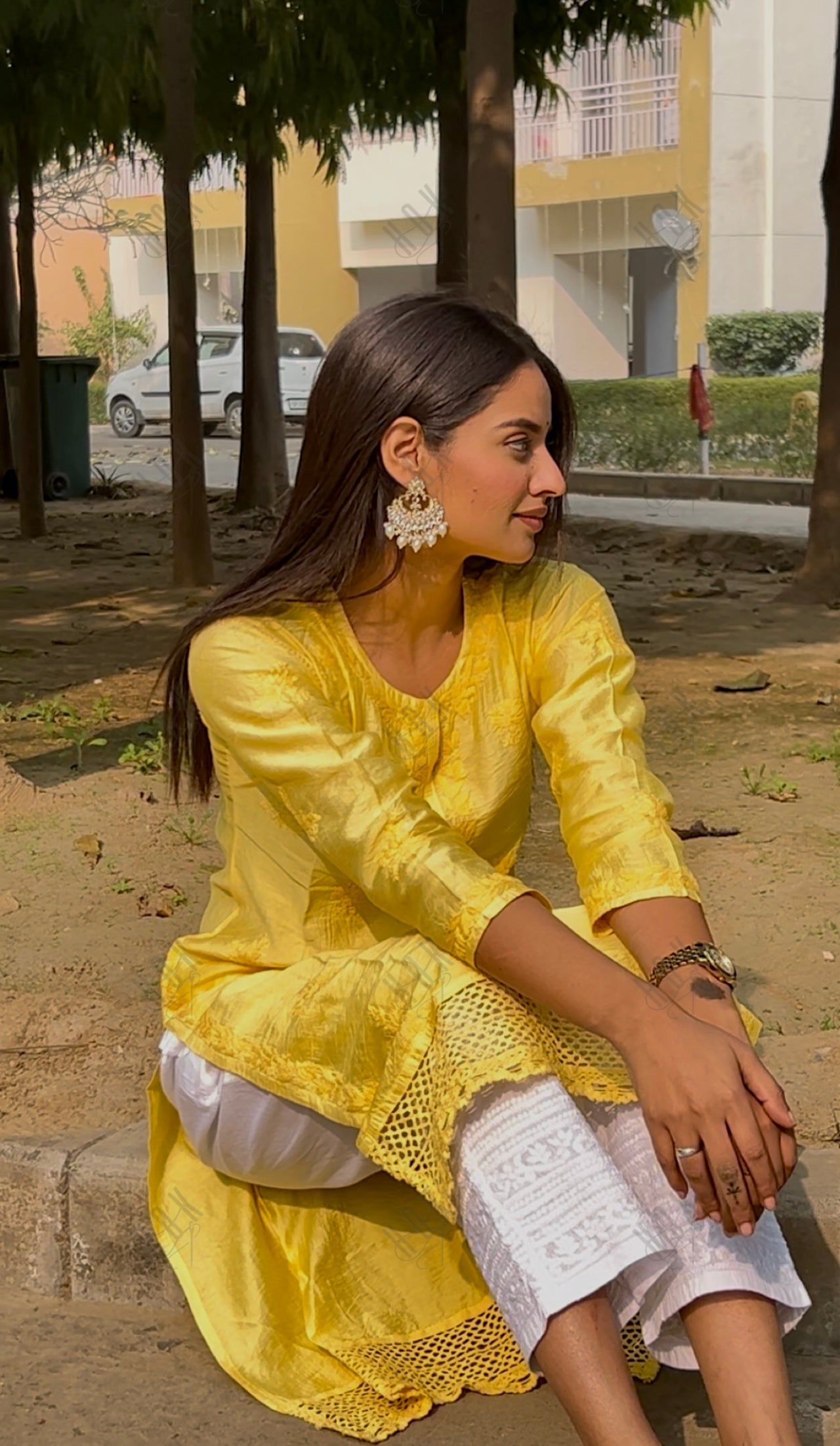 Jhanvi in Fizaa Chikankari Long Kurta in Chanderi Silk for Women - Yellow