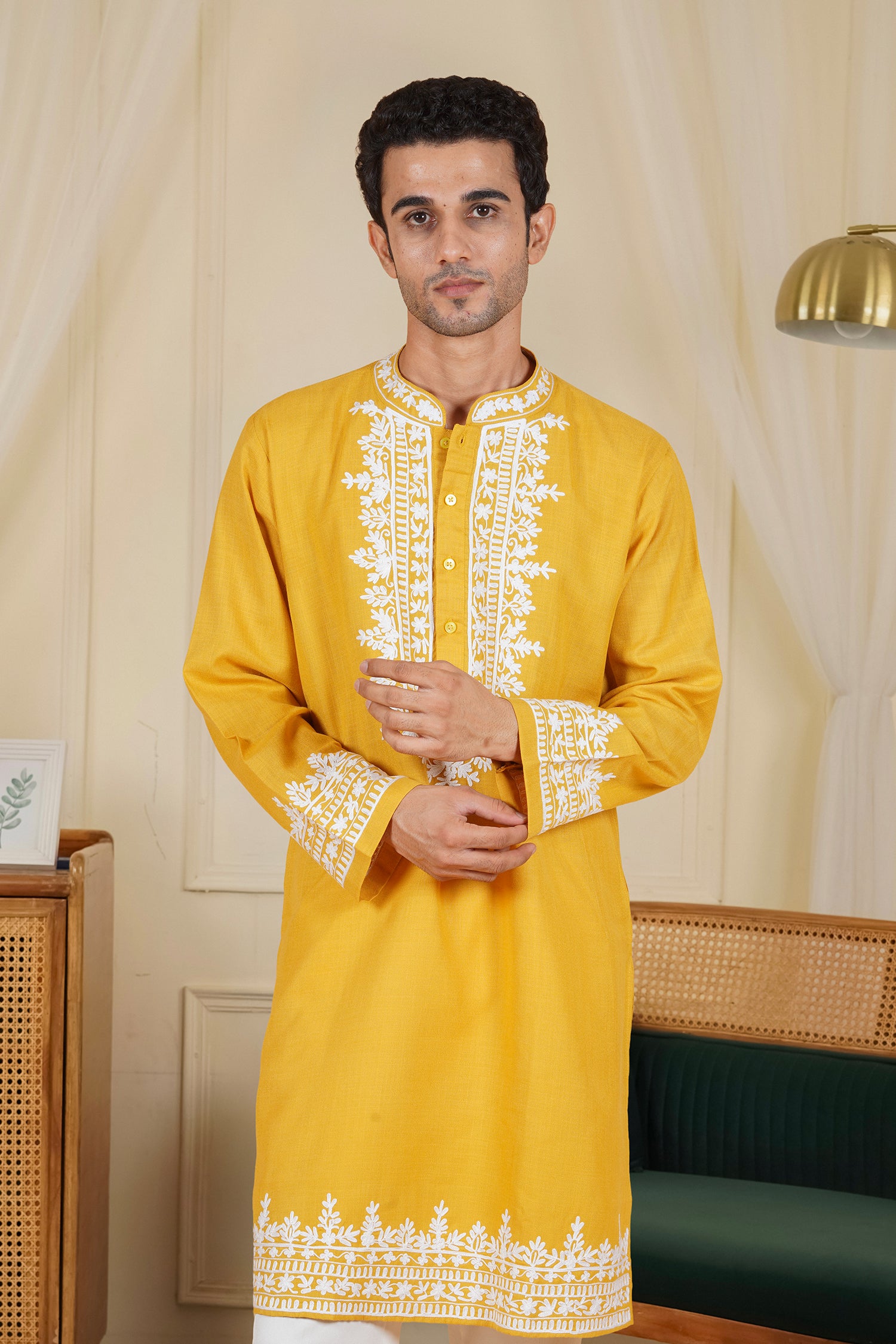 Men’s Kashmiri Aari Embroidered Kurta Ruby Cotton - Mustard