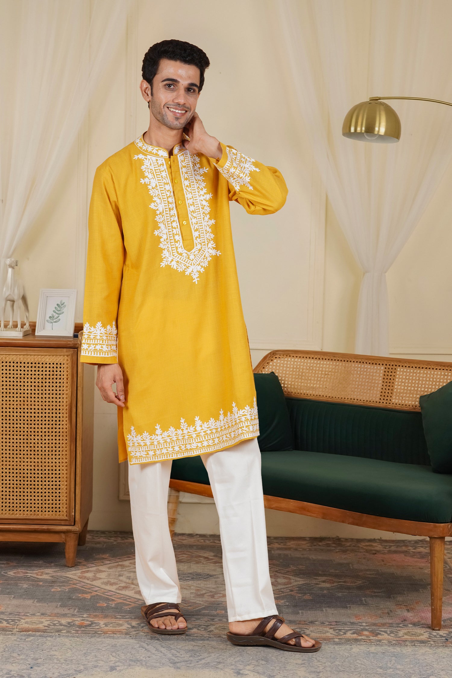 Men’s Kashmiri Aari Embroidered Kurta Ruby Cotton - Mustard