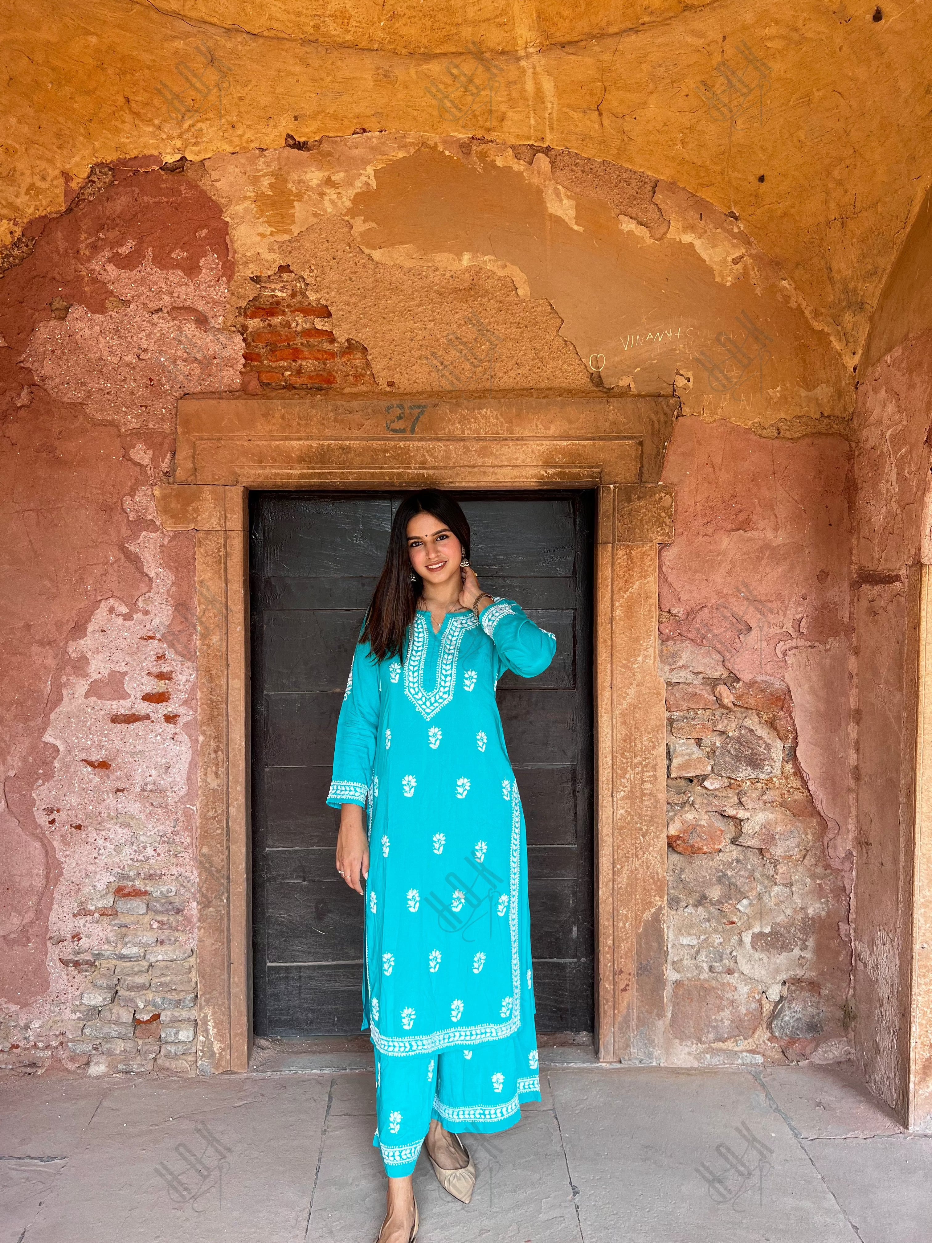 Bhavna in Noor Chikankari CO-ORD Set In Rayon for Women In Blue Turquoise - House Of Kari (Chikankari Clothing)