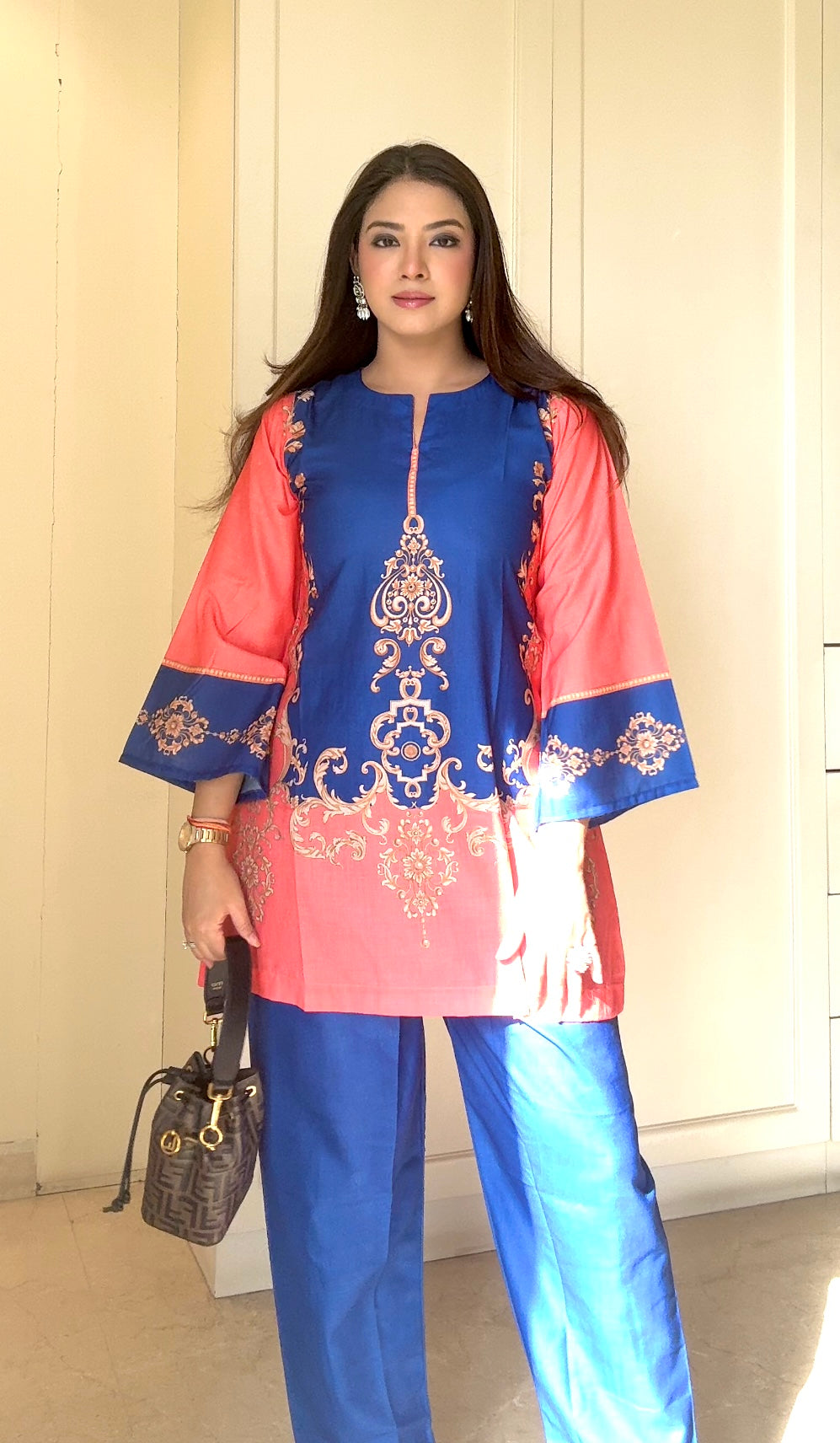 Radhika In Coral & Royal Blue Printed Lawn Cotton Kurta Set with Straight Pants