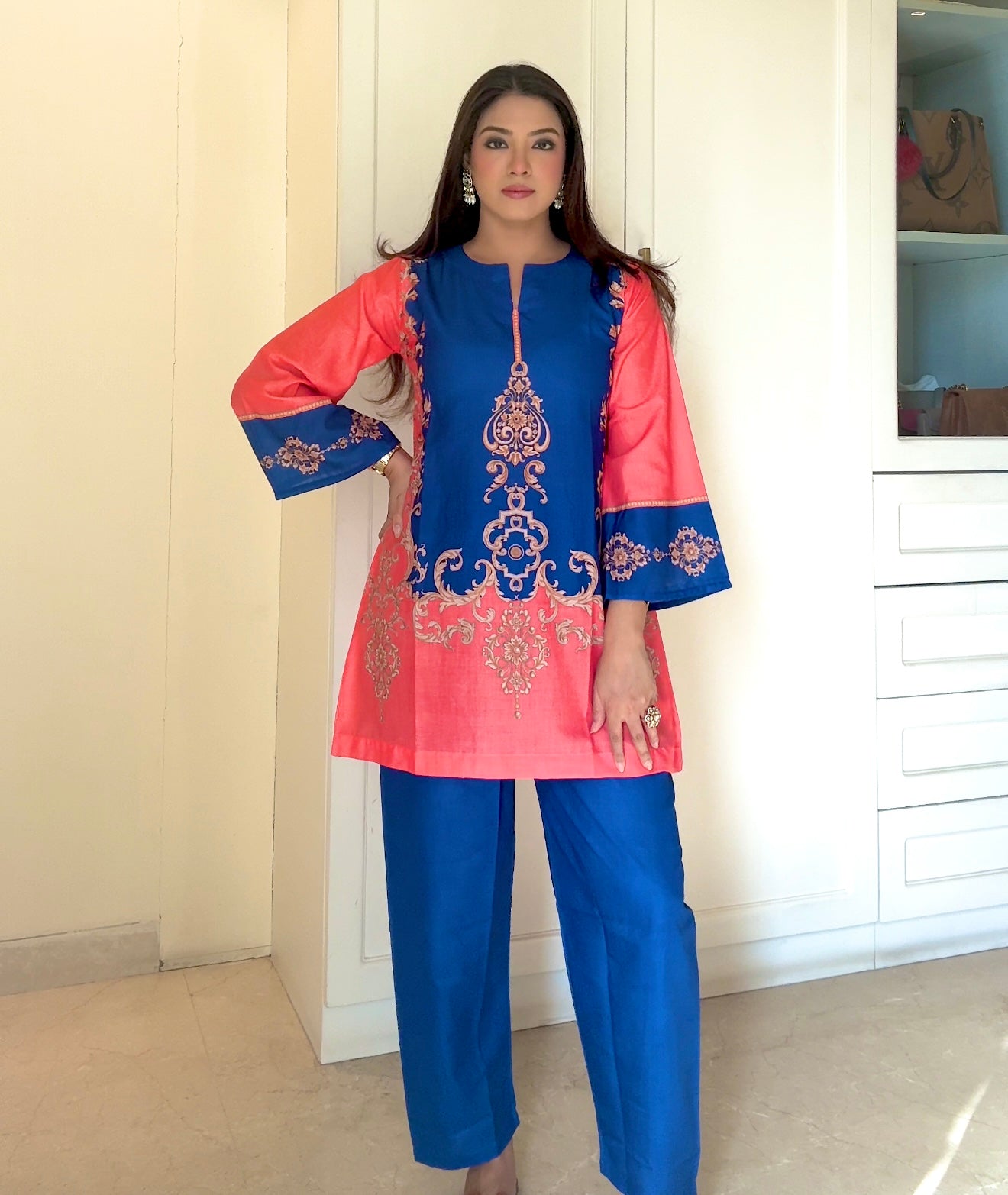 Radhika In Coral & Royal Blue Printed Lawn Cotton Kurta Set with Straight Pants
