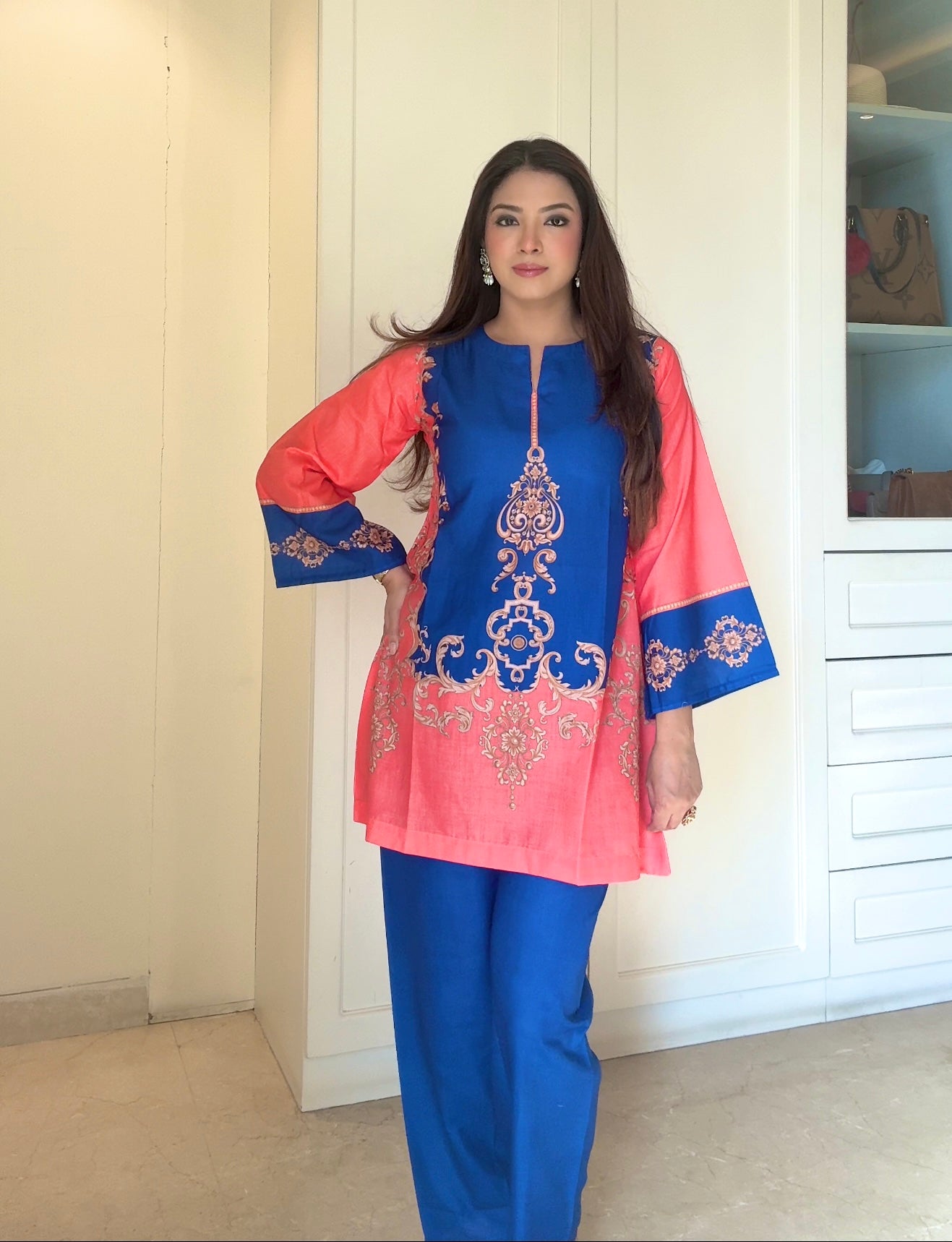 Radhika In Coral & Royal Blue Printed Lawn Cotton Kurta Set with Straight Pants