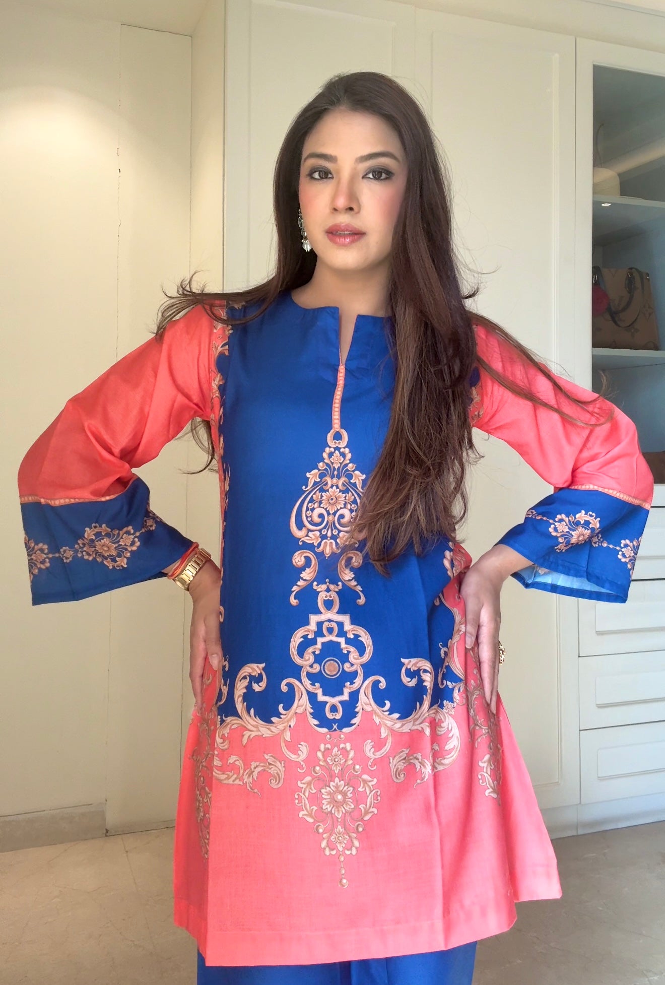 Radhika In Coral & Royal Blue Printed Lawn Cotton Kurta Set with Straight Pants