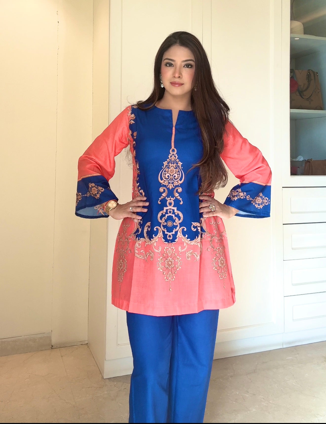 Radhika In Coral & Royal Blue Printed Lawn Cotton Kurta Set with Straight Pants