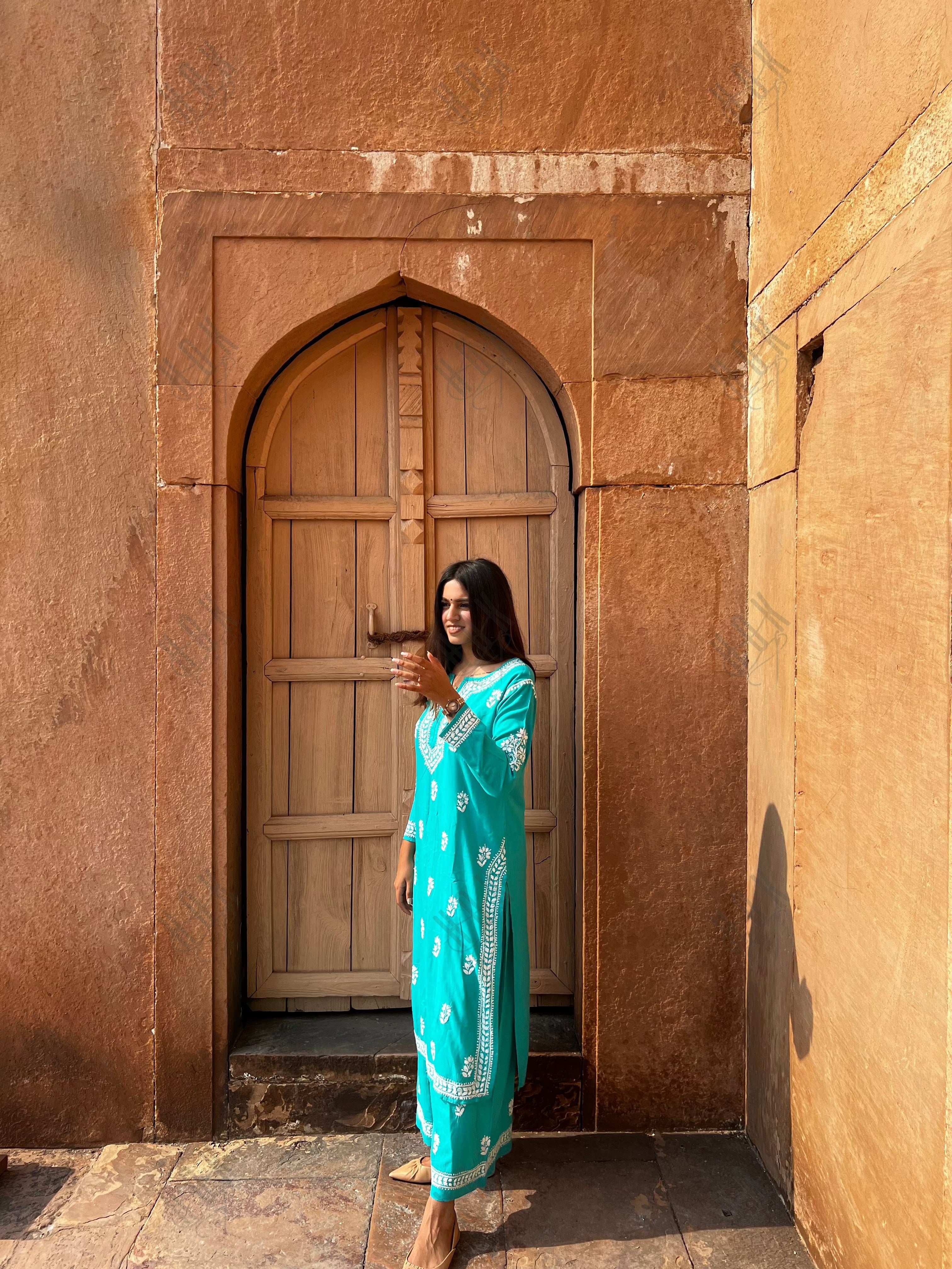 Bhavna in Noor Chikankari CO-ORD Set In Rayon for Women In Blue Turquoise - House Of Kari (Chikankari Clothing)