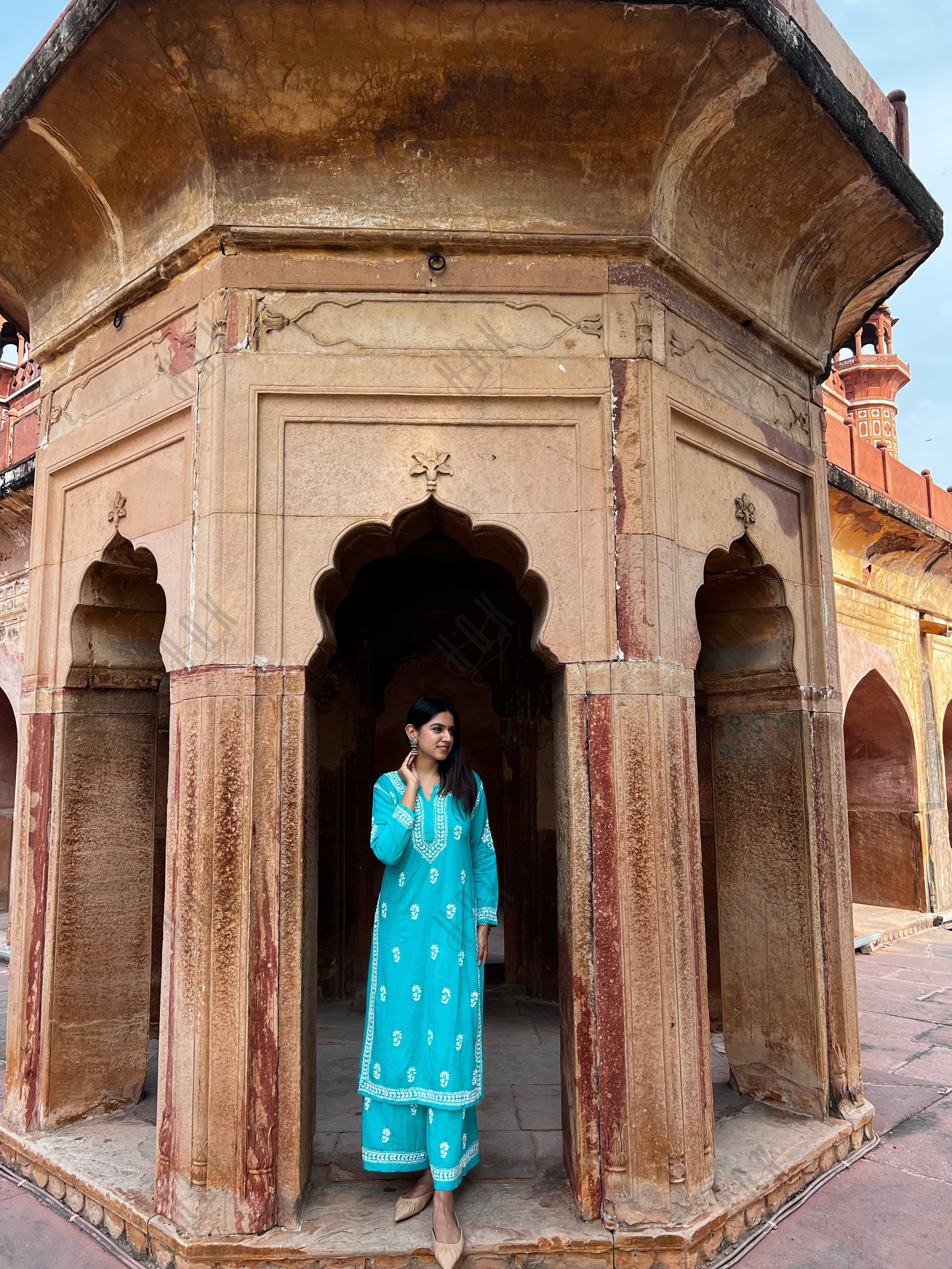 Bhavna in Noor Chikankari CO-ORD Set In Rayon for Women In Blue Turquoise - House Of Kari (Chikankari Clothing)