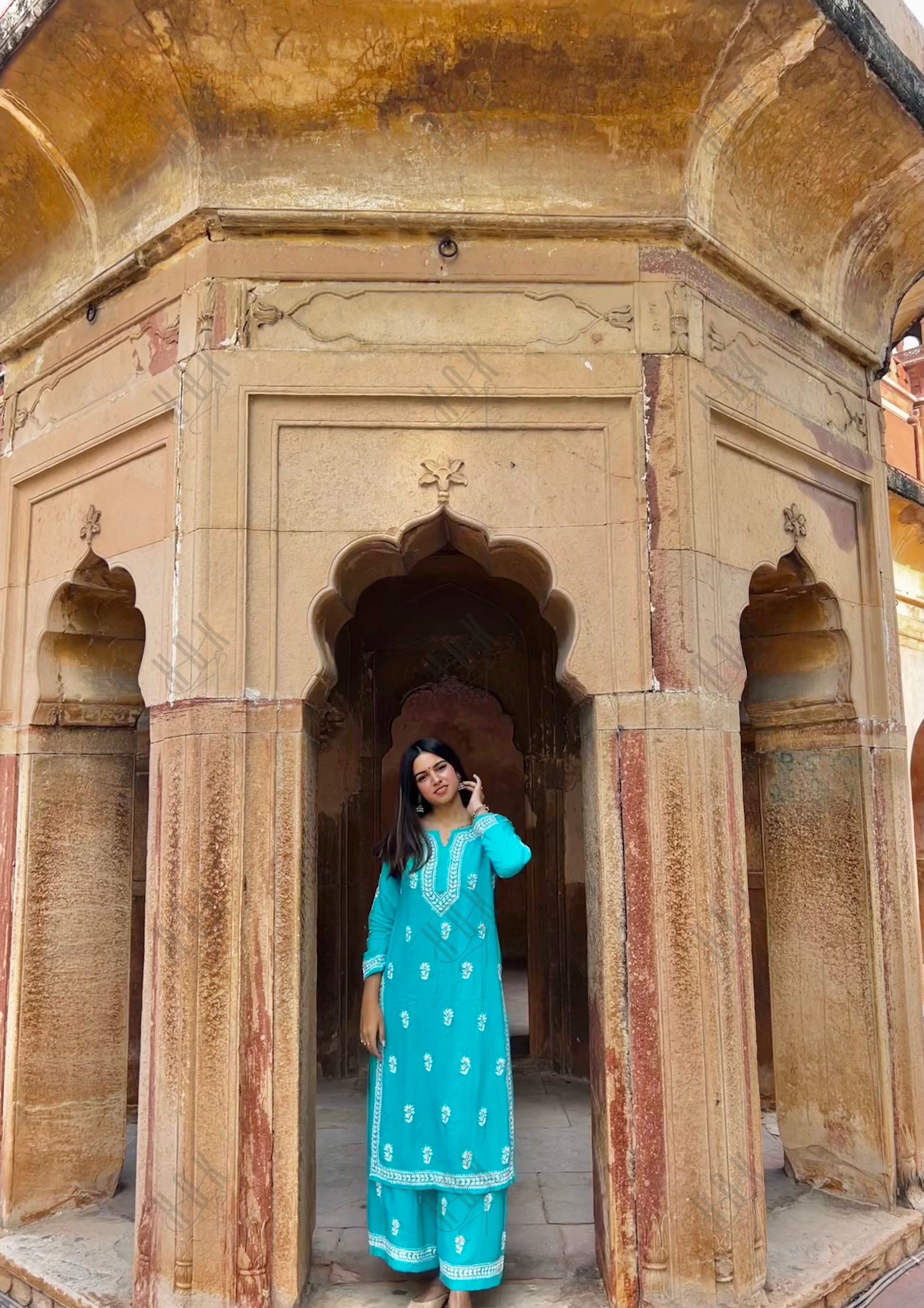 Bhavna in Noor Chikankari CO-ORD Set In Rayon for Women In Blue Turquoise - House Of Kari (Chikankari Clothing)