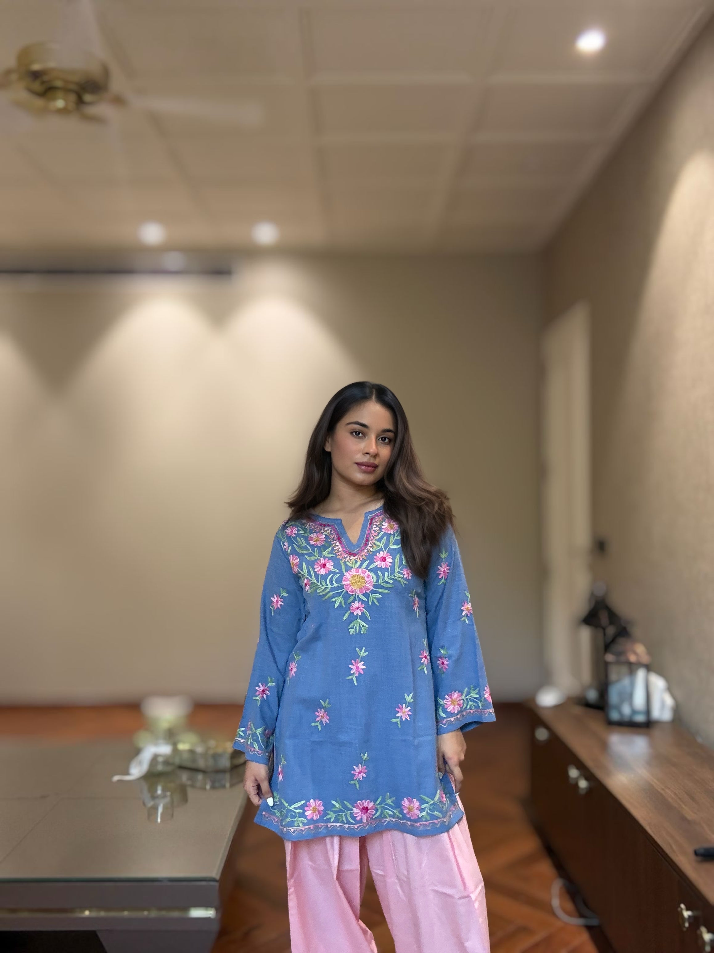 Kaashwi In Denim Cotton Kashmiri Aari Short Kurta - Denim Blue