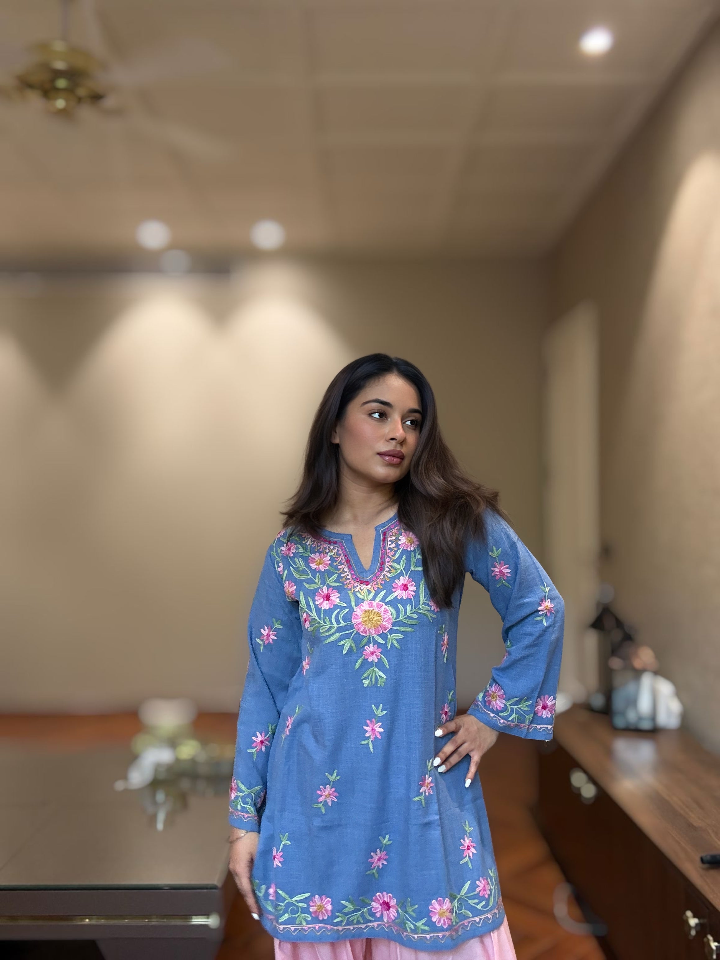 Kaashwi In Denim Cotton Kashmiri Aari Short Kurta - Denim Blue