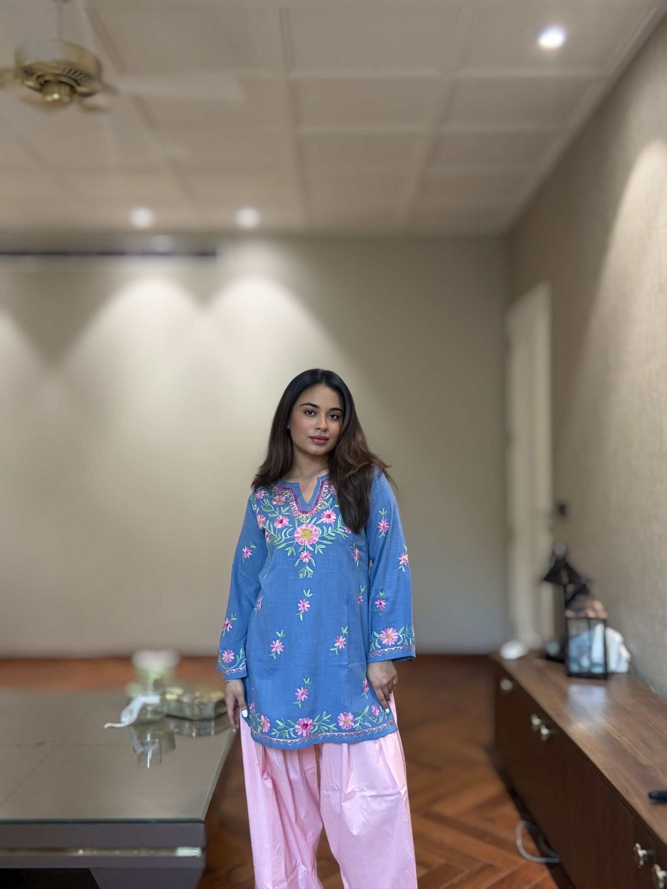 Kaashwi In Denim Cotton Kashmiri Aari Short Kurta - Denim Blue