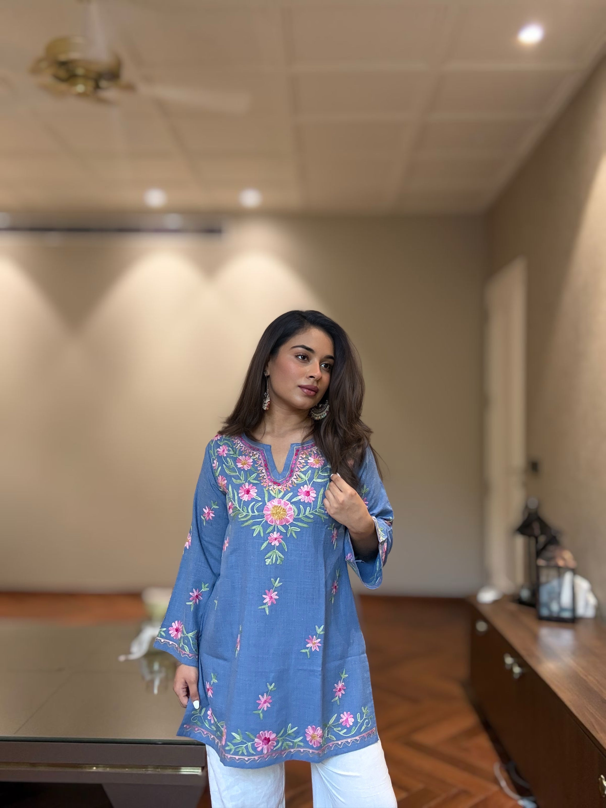 Kaashwi In Denim Cotton Kashmiri Aari Short Kurta - Denim Blue