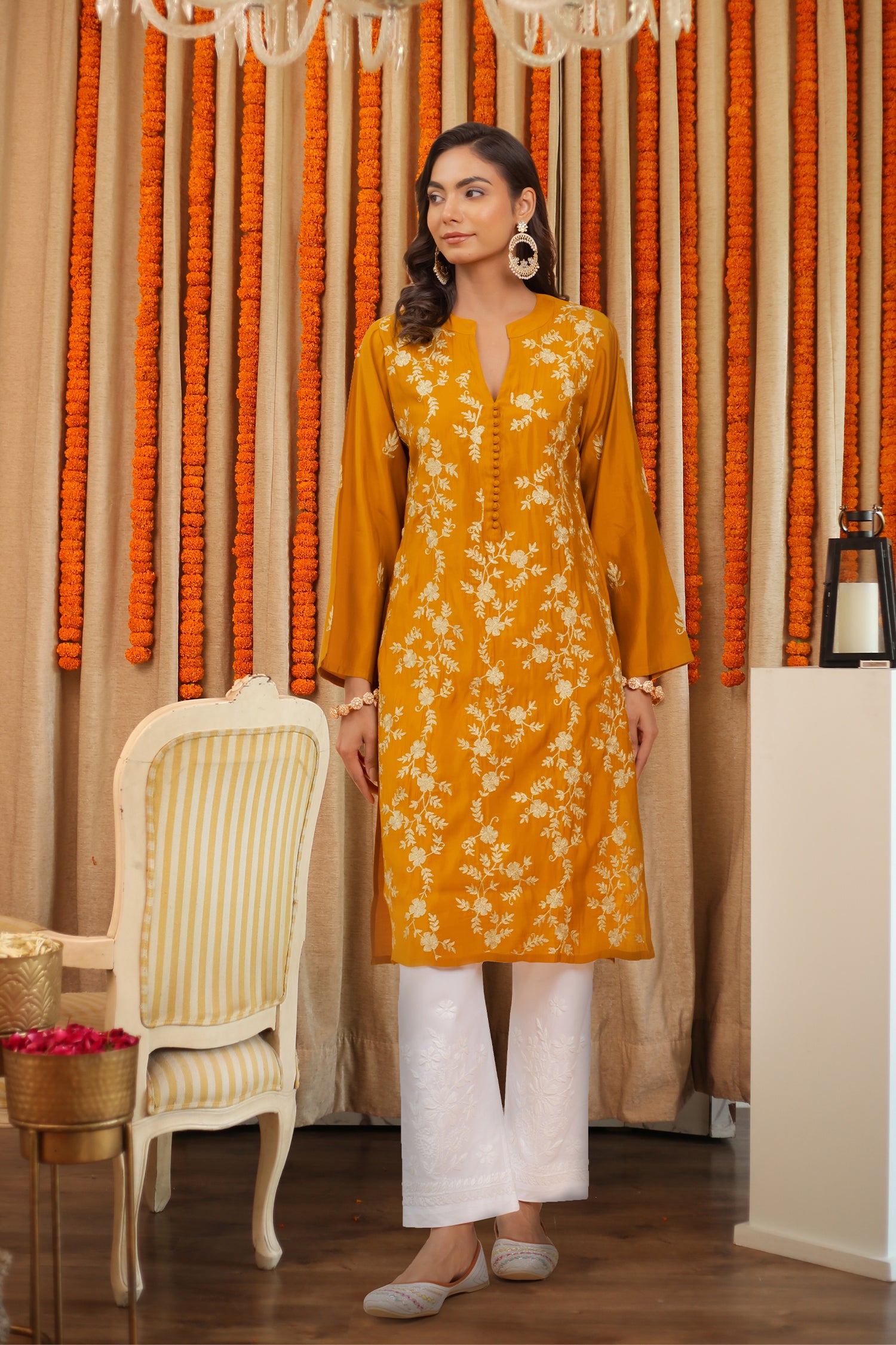 Saba Zari Work Long Kurta In Muslin - Mustard