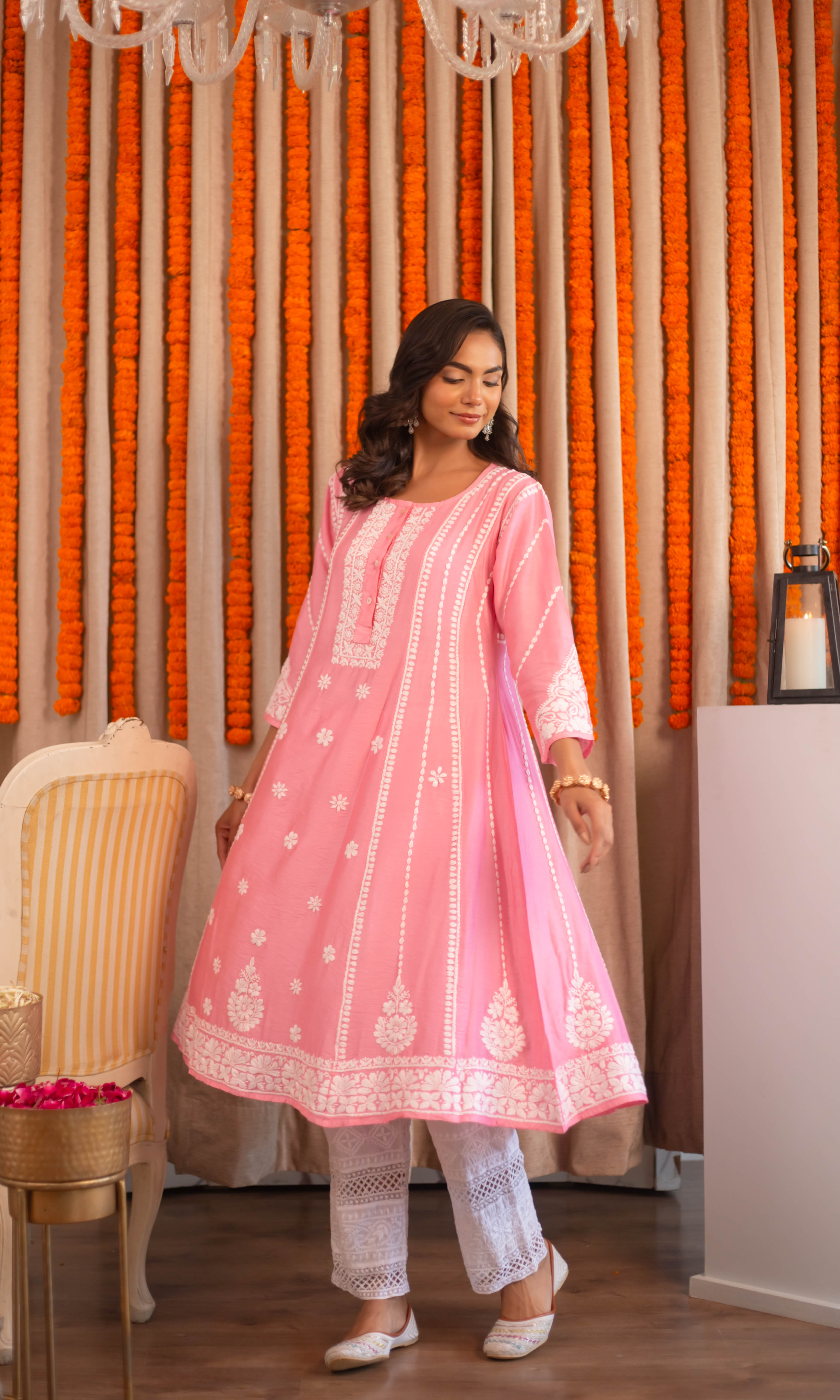 Asmeet in Saba Chanderi Silk Chikankari Long Kurta - Pink