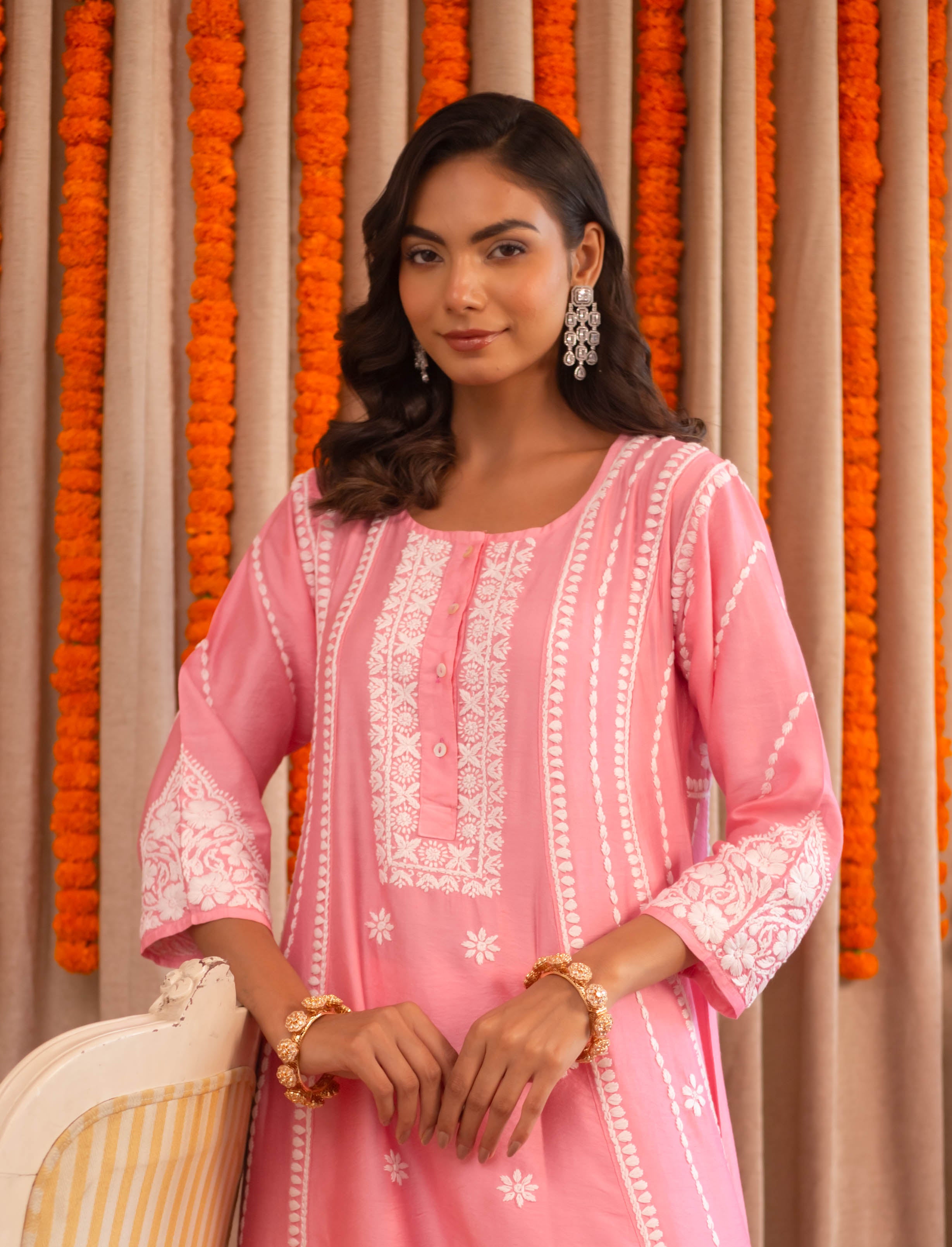 Asmeet in Saba Chanderi Silk Chikankari Long Kurta - Pink