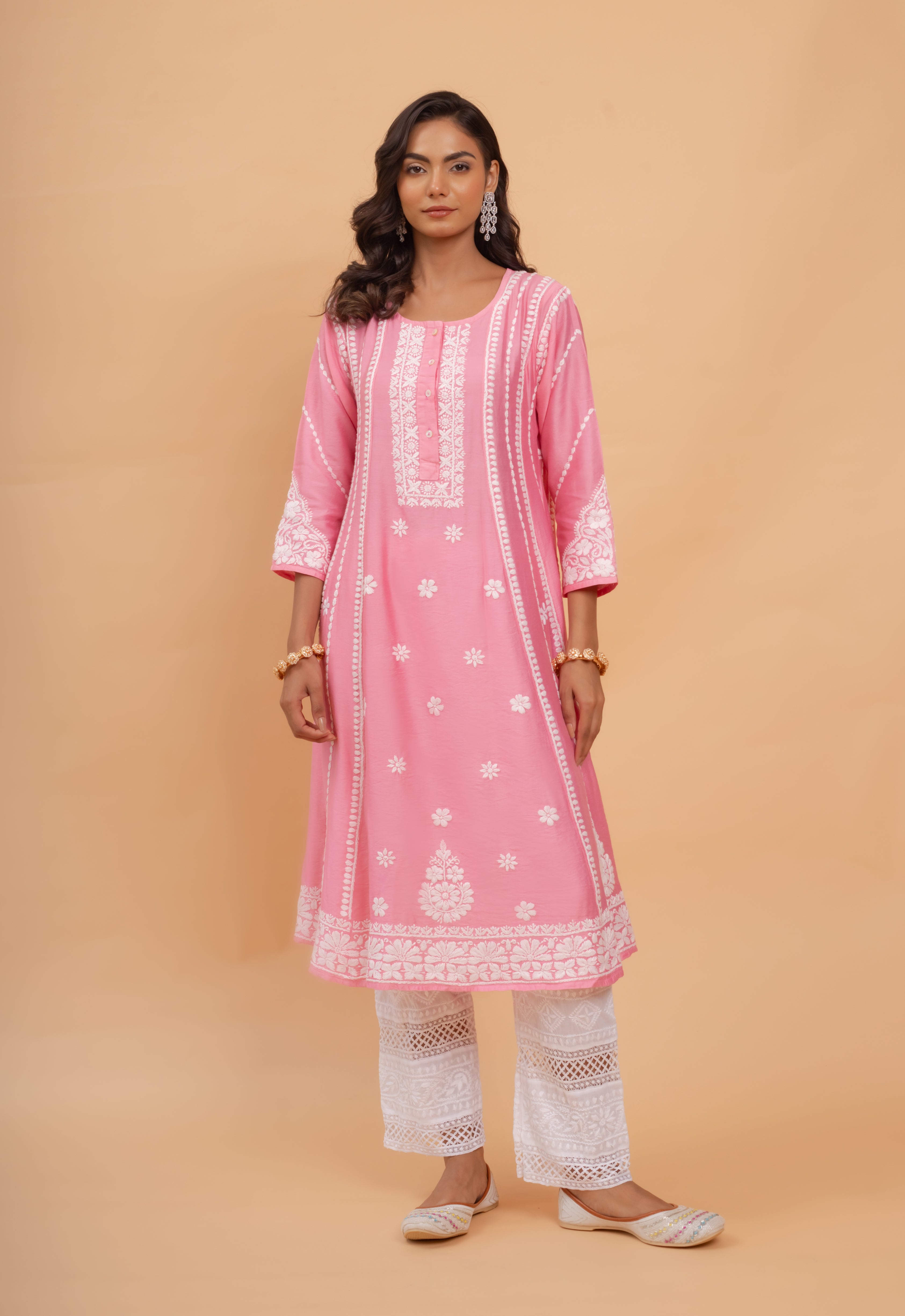 Asmeet in Saba Chanderi Silk Chikankari Long Kurta - Pink