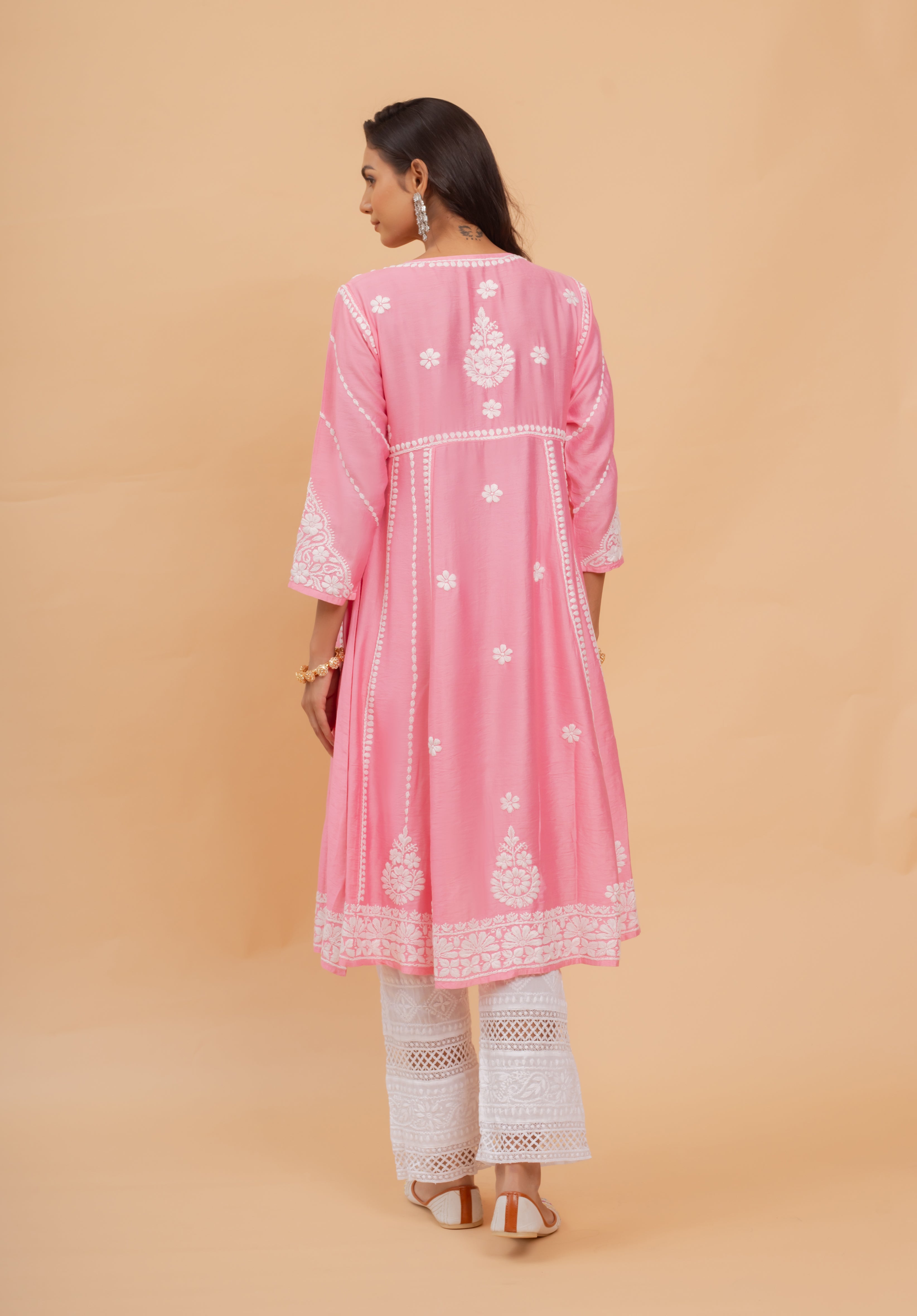 Asmeet in Saba Chanderi Silk Chikankari Long Kurta - Pink