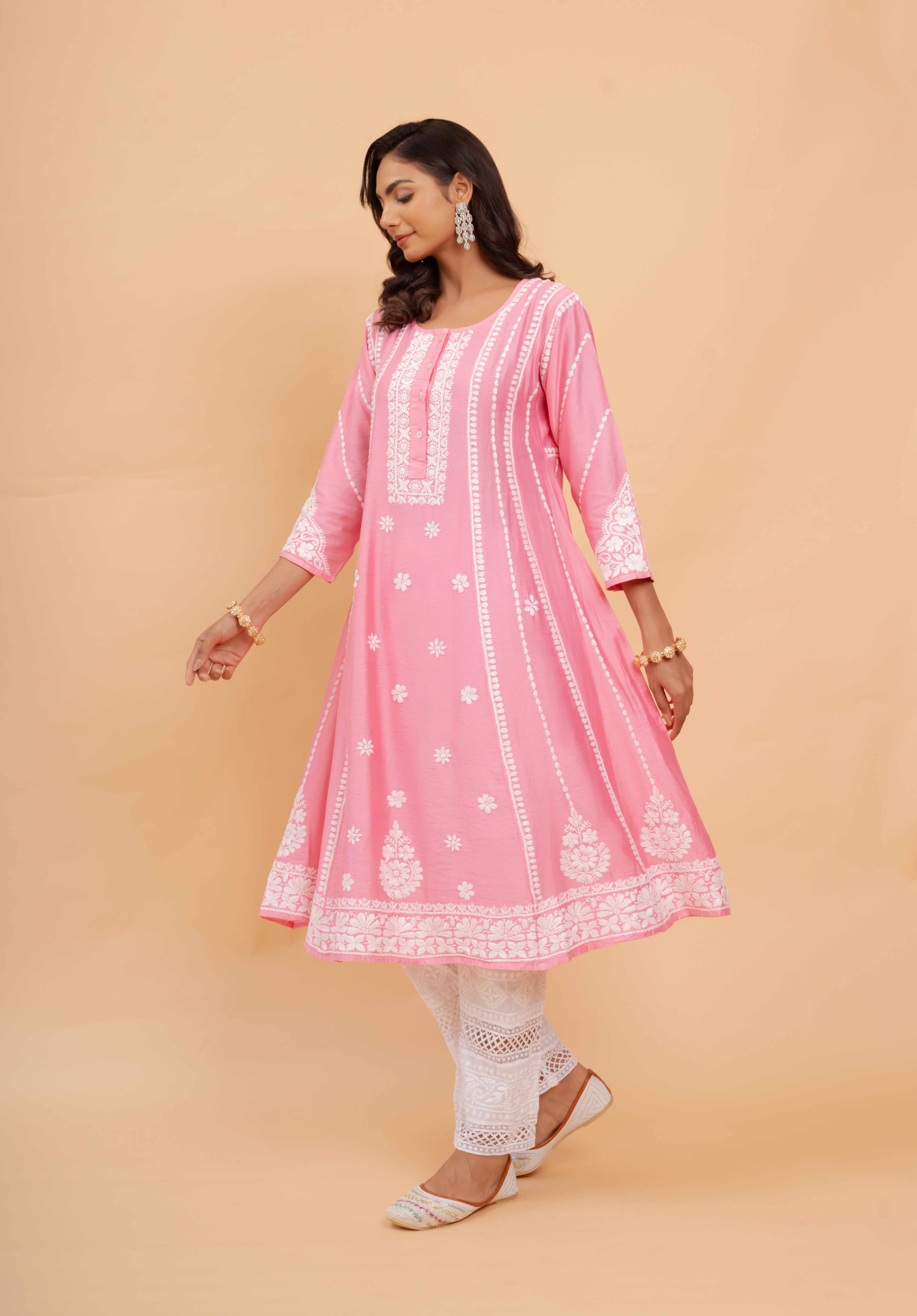 Asmeet in Saba Chanderi Silk Chikankari Long Kurta - Pink