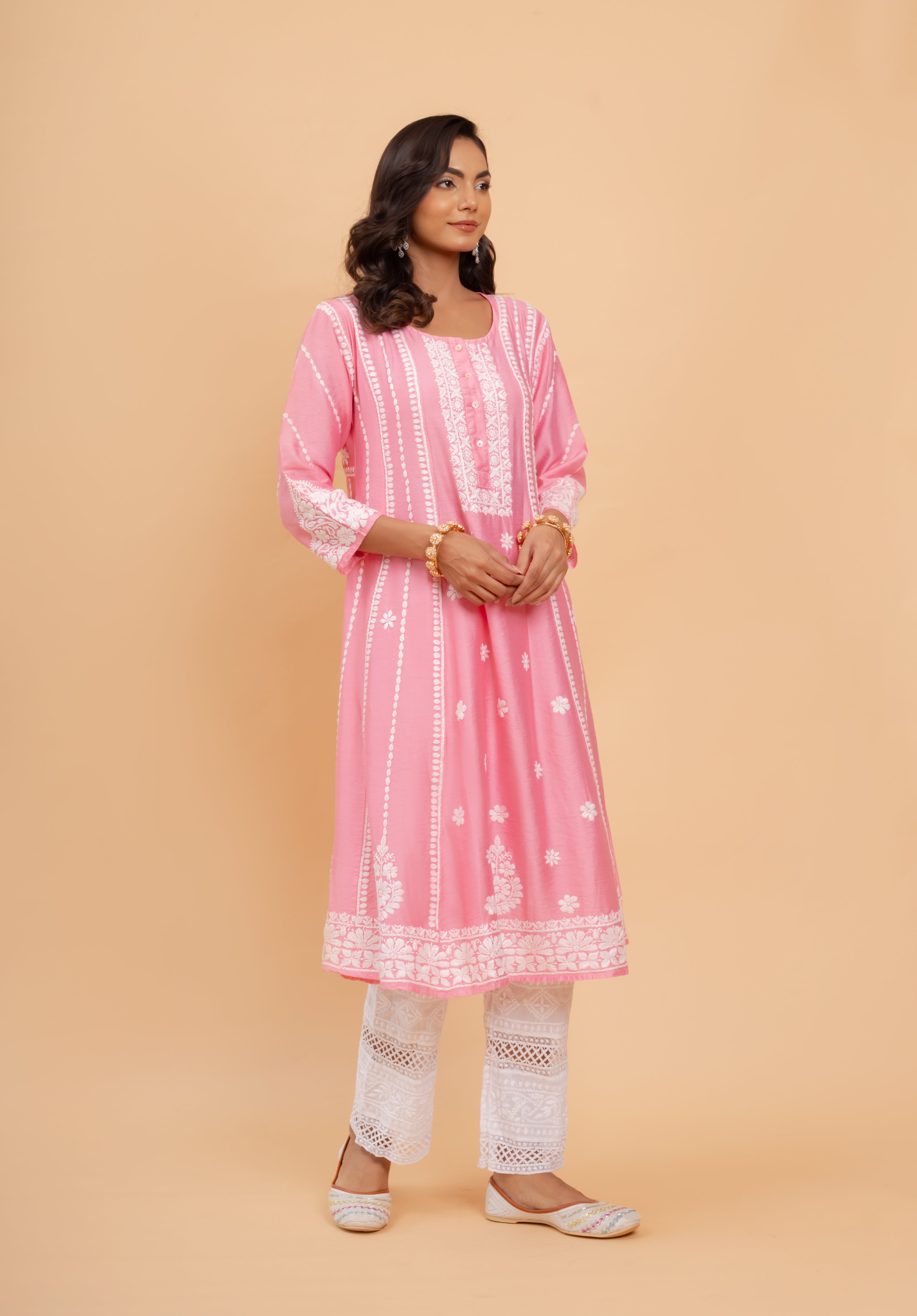 Asmeet in Saba Chanderi Silk Chikankari Long Kurta - Pink