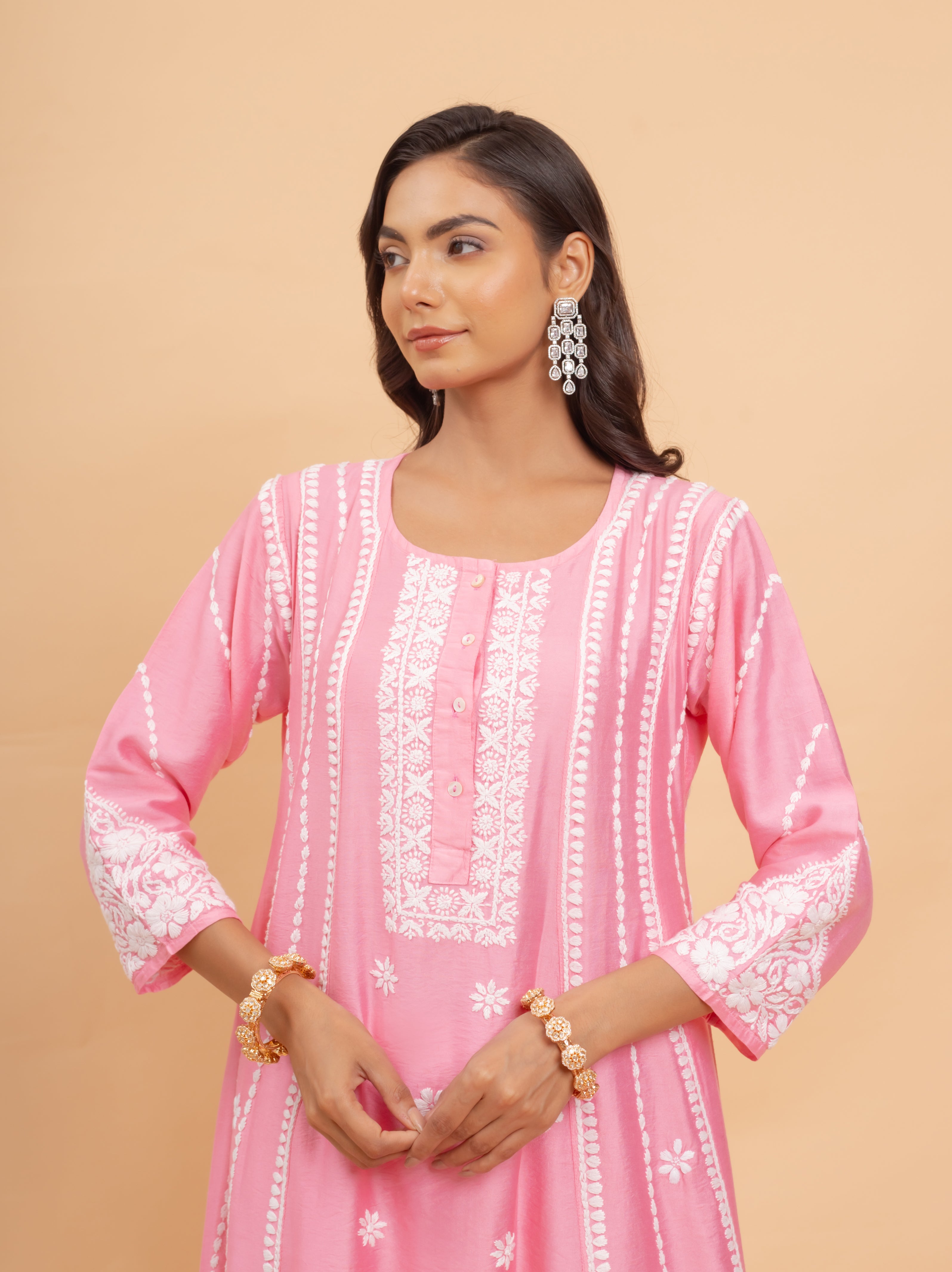 Asmeet in Saba Chanderi Silk Chikankari Long Kurta - Pink