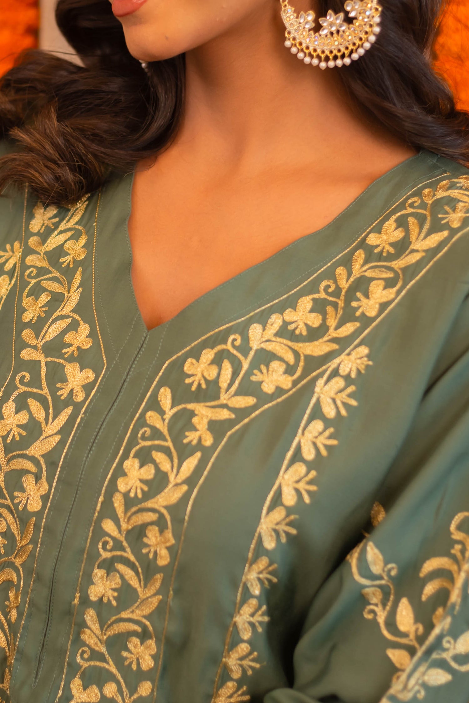 Saba Gold Zari Work Long Kurta In Muslin - Bottle Green