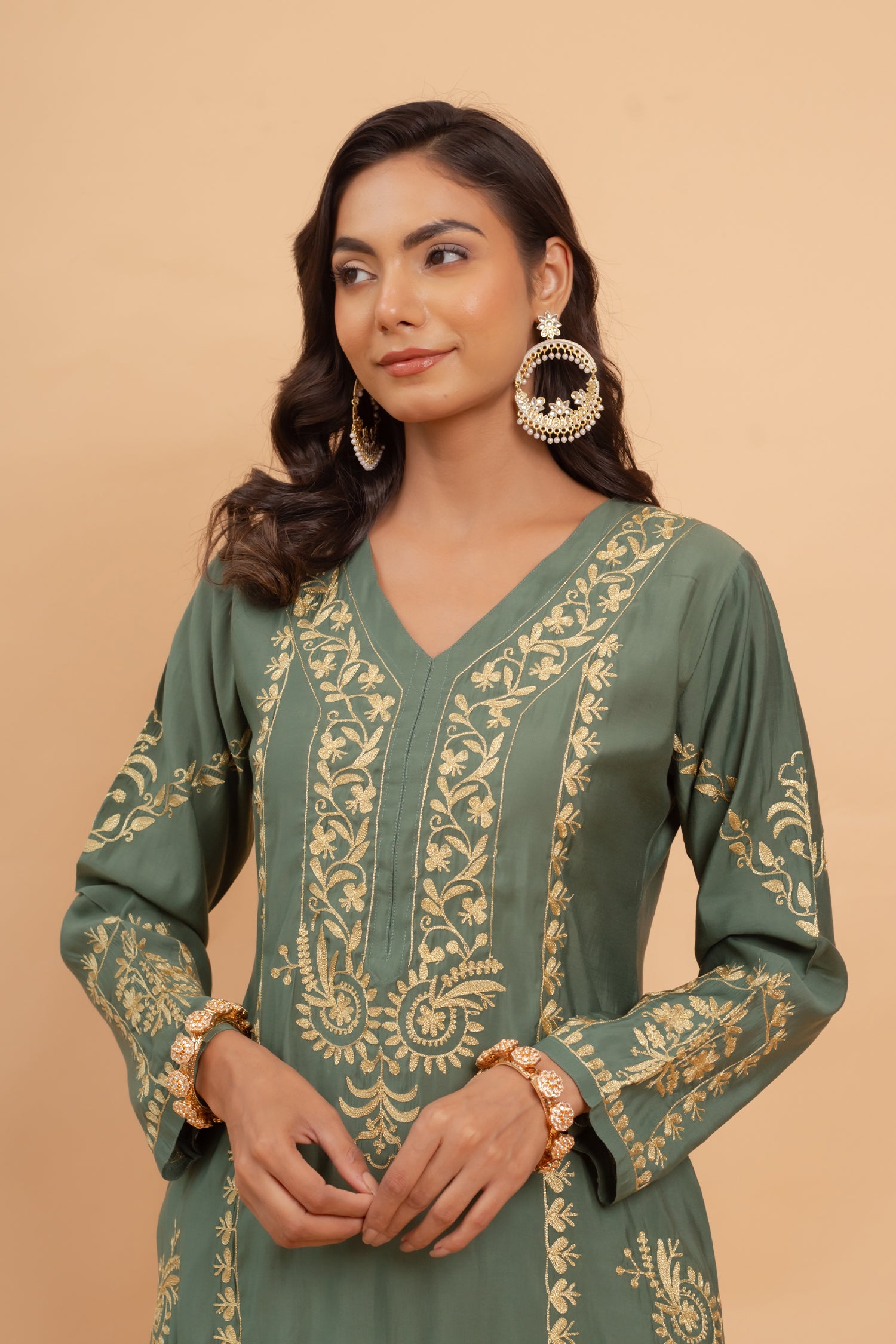 Saba Gold Zari Work Long Kurta In Muslin - Bottle Green