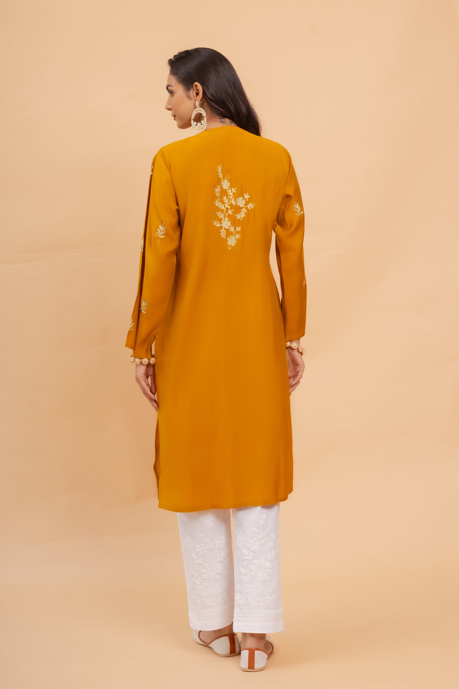 Saba Zari Work Long Kurta In Muslin - Mustard