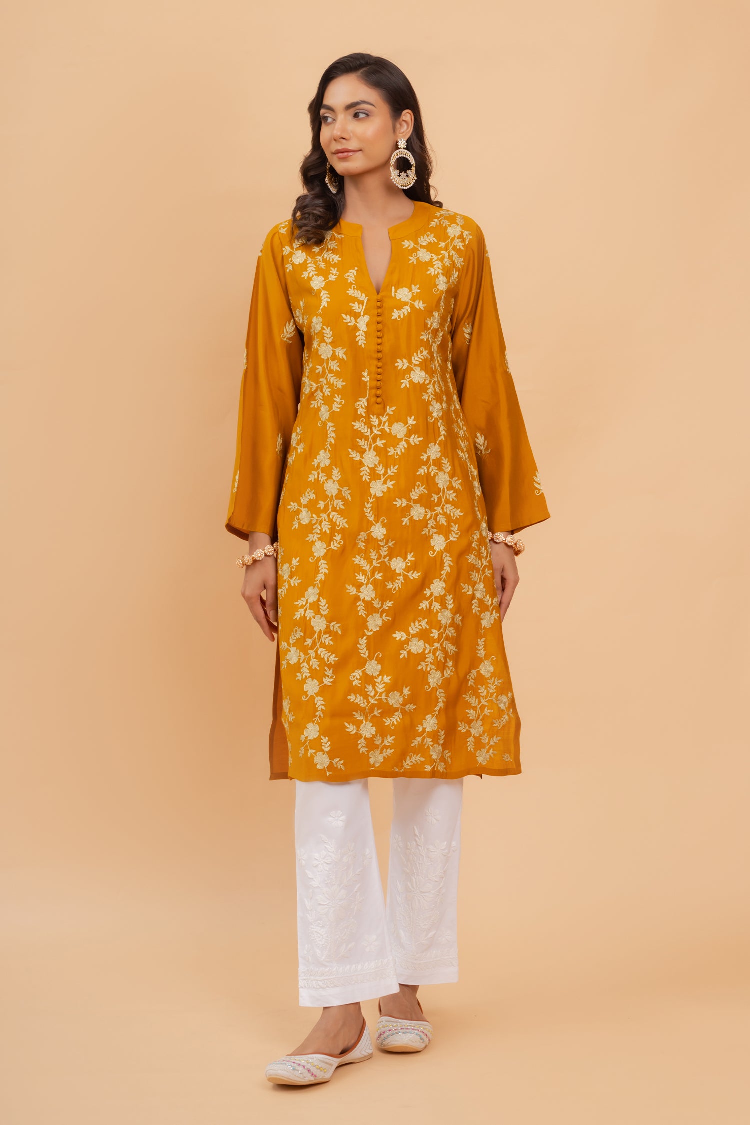 Saba Zari Work Long Kurta In Muslin - Mustard