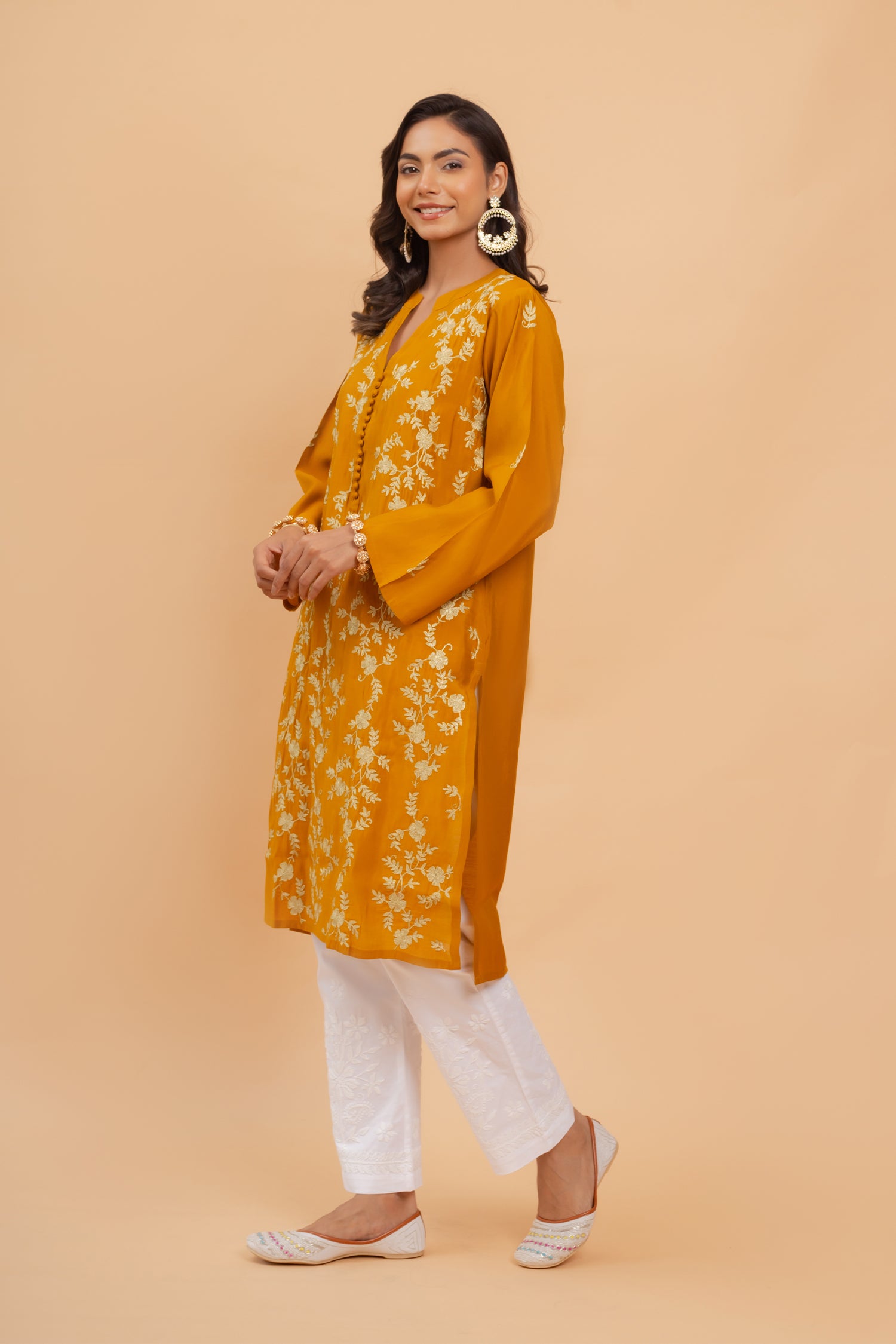 Saba Zari Work Long Kurta In Muslin - Mustard