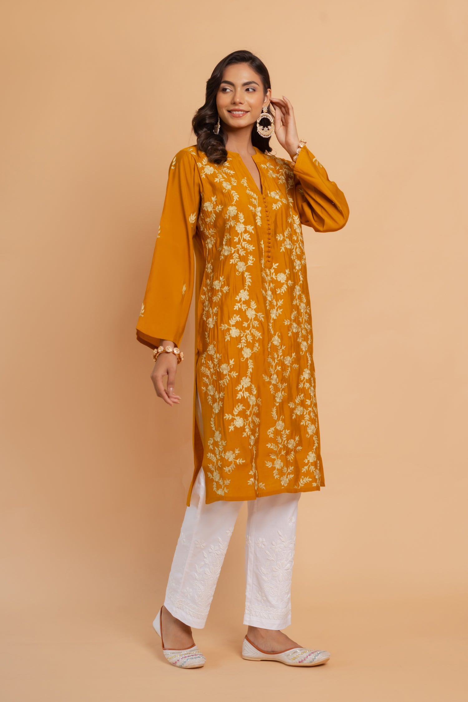 Saba Zari Work Long Kurta In Muslin - Mustard