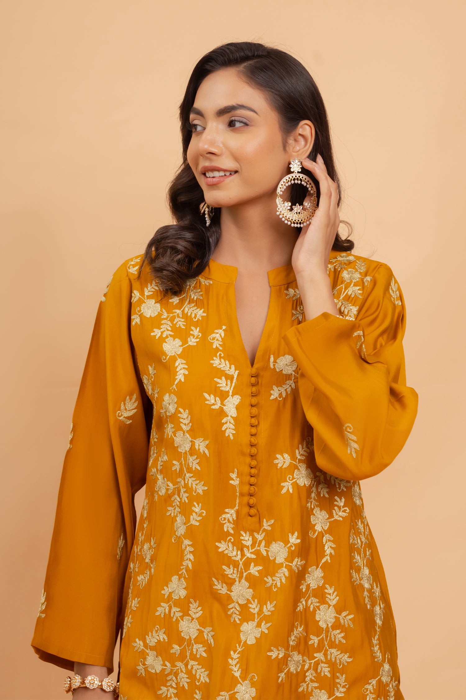 Saba Zari Work Long Kurta In Muslin - Mustard