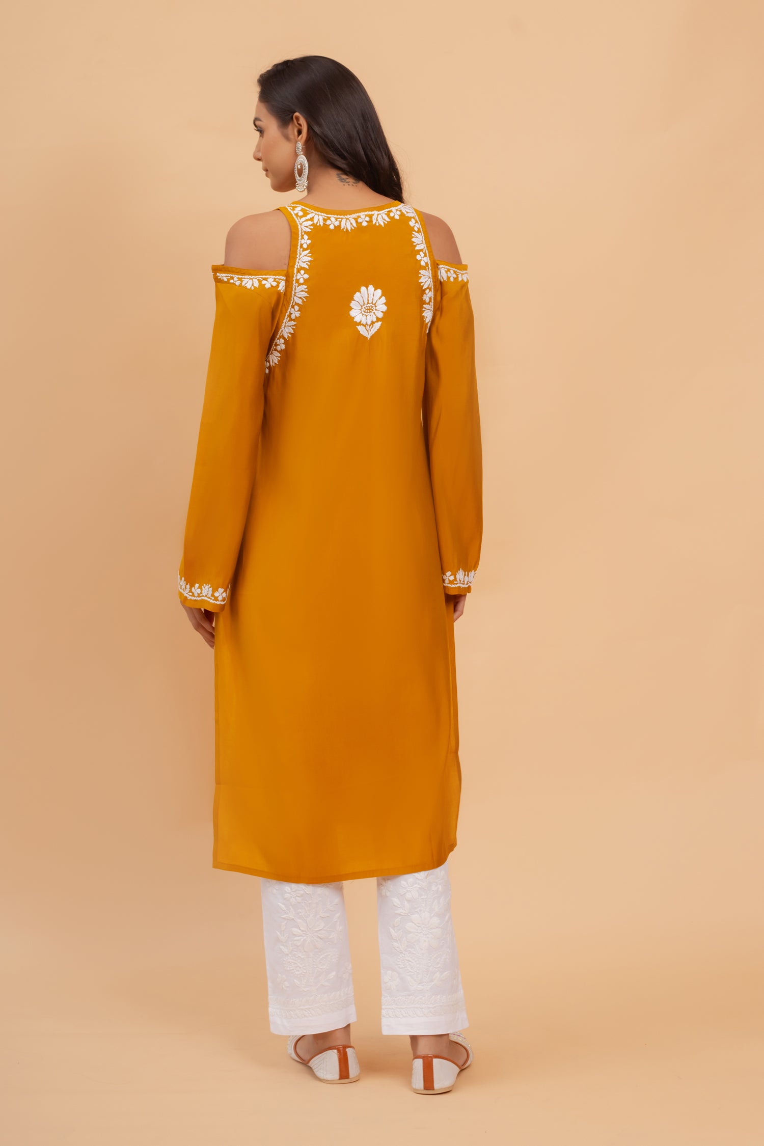 Himani in Saba Chikankari Long Kurta Shoulder Cut In Muslin - Mustard