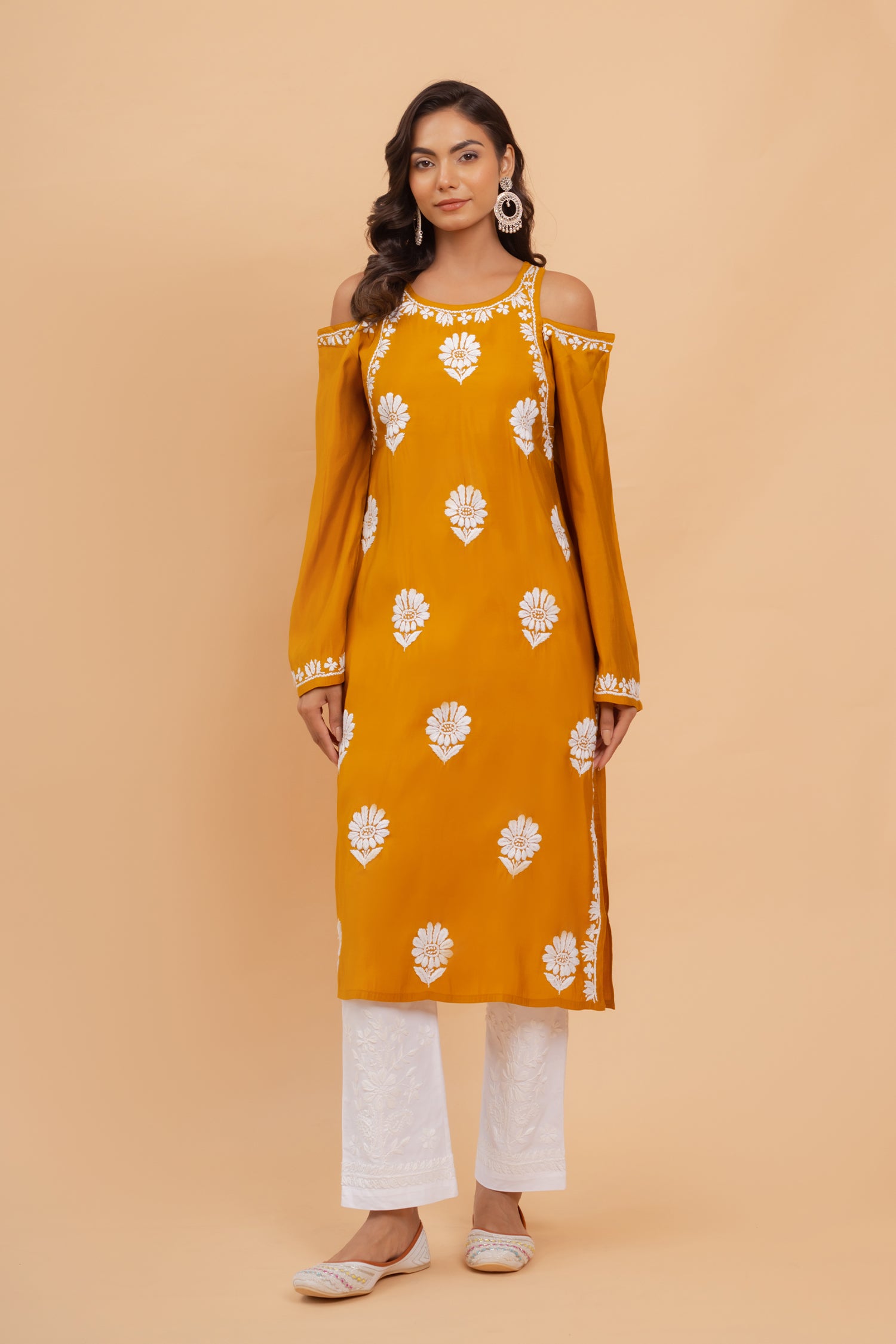 Himani in Saba Chikankari Long Kurta Shoulder Cut In Muslin - Mustard