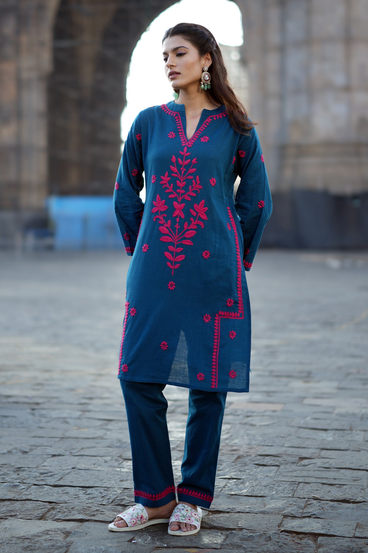 Chikankari Embroidered Kurta Set With Straight Pants – Teal Blue in Cotton