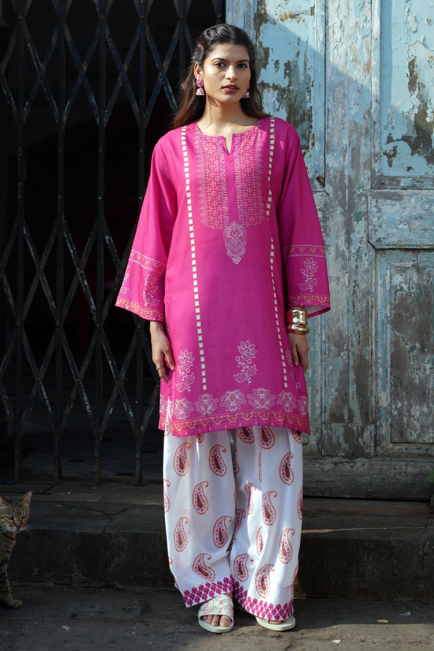 Printed Organza Dupatta - Berry Pink