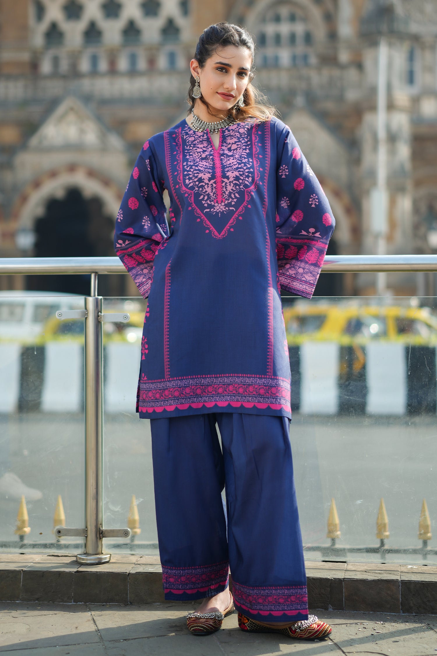 Navy & Pink Printed Lawn Cotton Co-ord Set