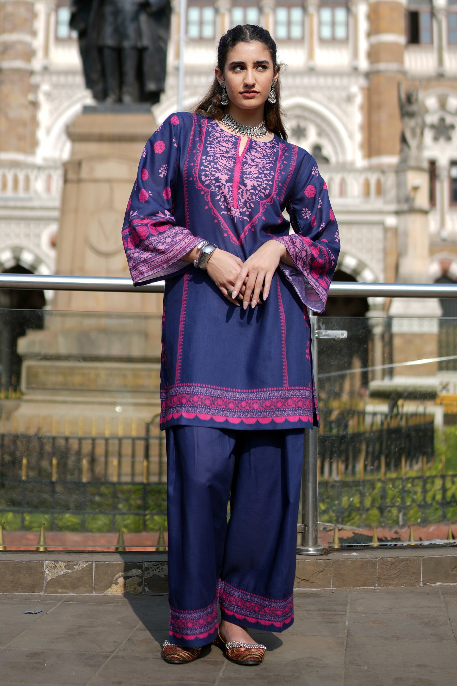 Navy & Pink Printed Lawn Cotton Co-ord Set