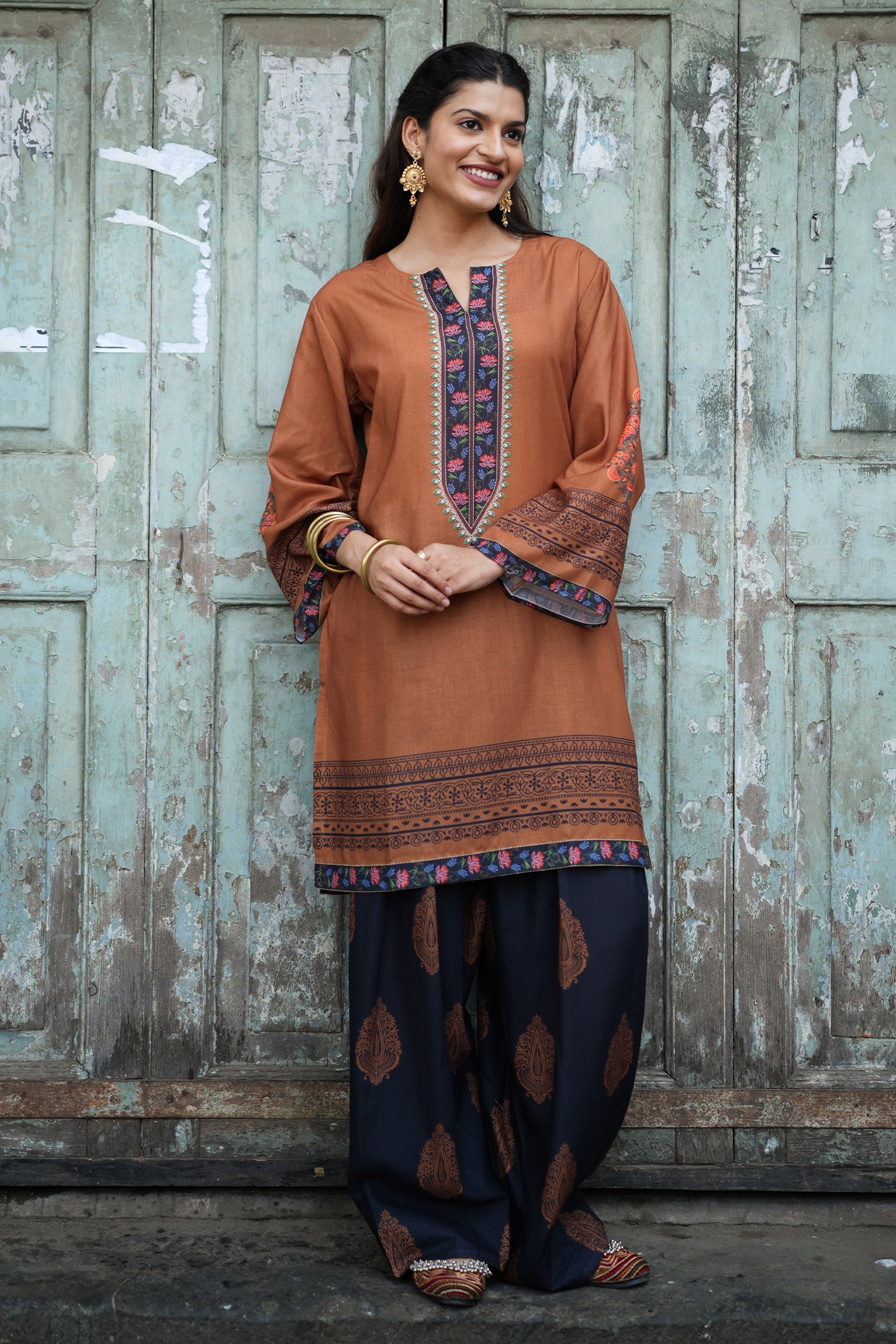 Cocoa Brown Printed  Lawn Cotton Co-ord Set